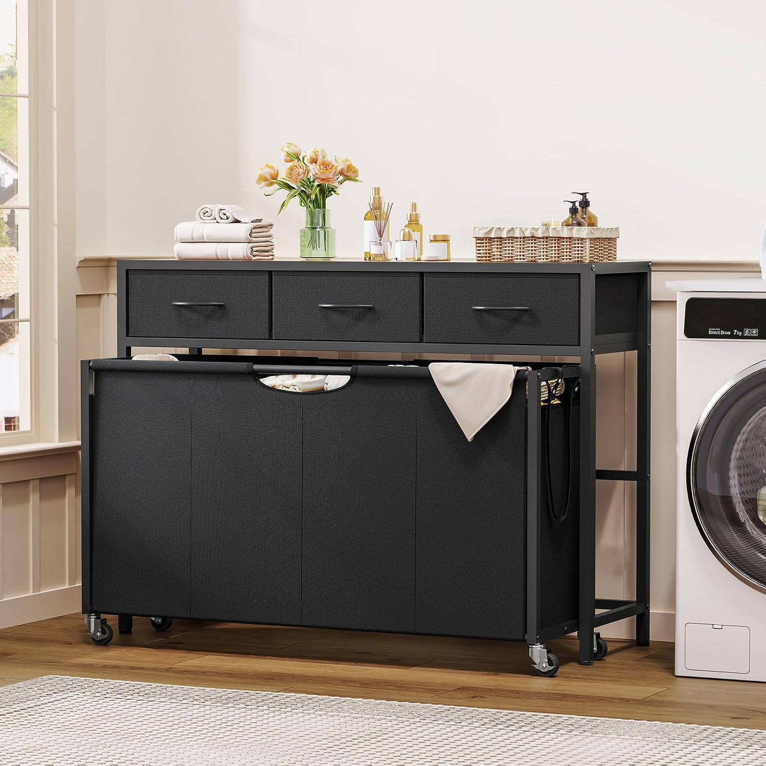 Laundry Sorter, Rolling Laundry Hamper with 4 Section Pull-Out Bags, 300L Large Laundry Basket Organizer with 3 Drawers, Laundry Hamper with Wheels for Laundry Room Organization, Bathroom, Bedroom