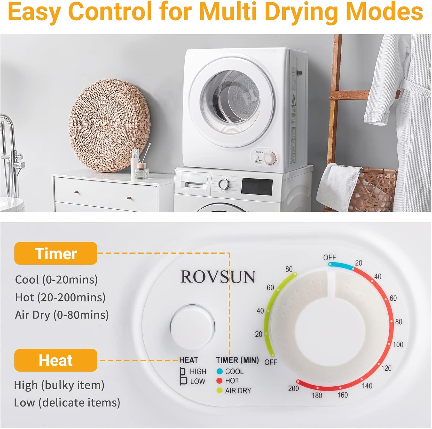 Bonnlo Portable Clothes Dryer, Front Load Electric Dryers Machine, Compact Laundry Dryers with Stainless Steel Tub, for Home, Apartment, Dorm, White (Classic Knob Control)