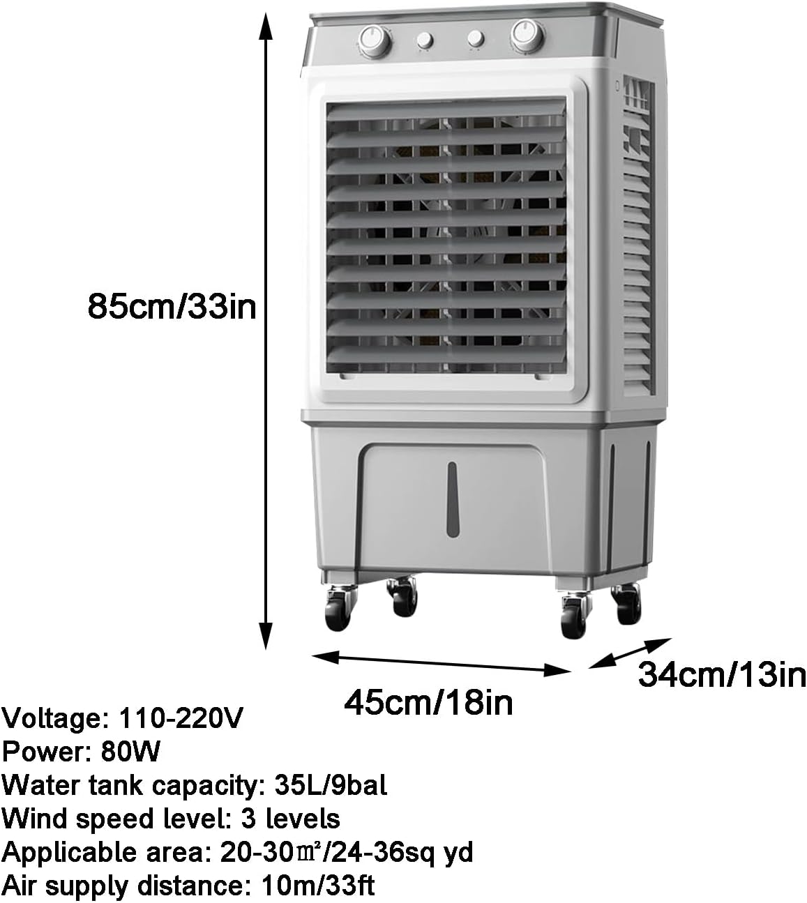 Portable Air Conditioners, Air Cooling Fan, 3 Wind Speeds, 35l/9 gallon Water Tank, 120° Wide-angle Air Supply, Rapid Cooling, for Office, Terrace