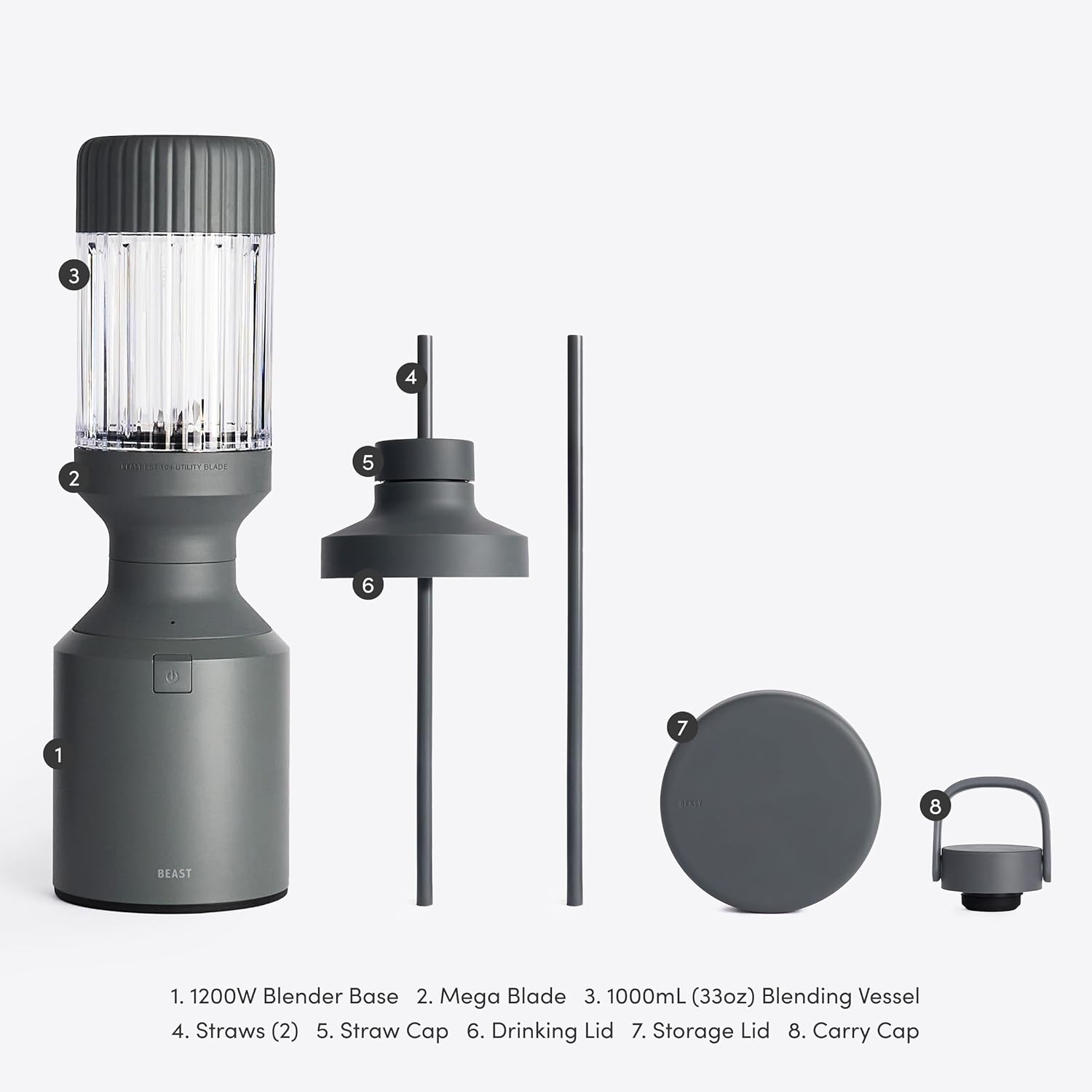 Beast Mega 1200 | Premium Countertop Blender | Smoothies, Shakes, Sauces, Dips, Soups | Blends Ice and Frozen Fruit | Includes Extra Lids and Straw System | 1200W | (Charcoal, 120V)