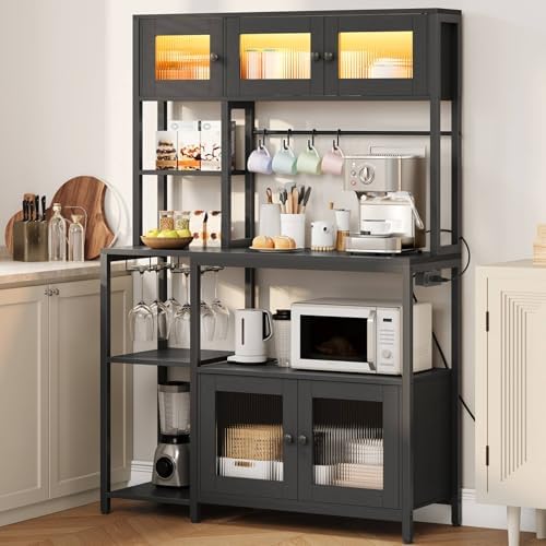 HOOBRO Bakers Rack with Power Outlet and LED Light, 45.3 Inch Microwave Stand with Shelves, Coffee Bar Cabinet with Wine Rack & 4-S Hooks, Kitchen Utility Storage Shelf with Cabinet, Black BB16UDHB01