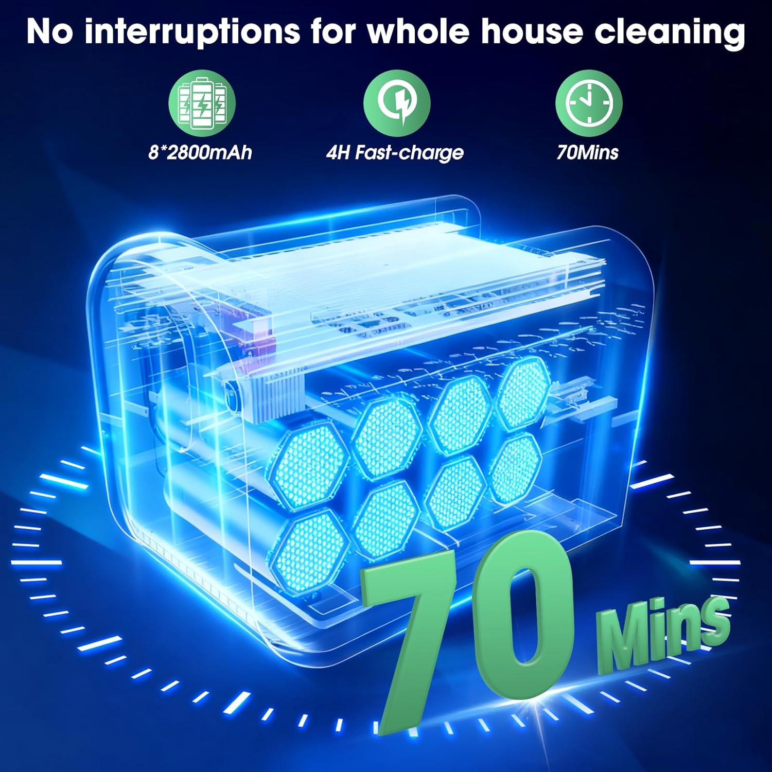 Cordless Vacuum Cleaner, Upgraded 15KPA 70 Minutes, Powerful Suction, Rechargeable, Lightweight, 180° Bendable Cane Vacuum Cleaner for Home/Pet Hair/Carpet/Floor