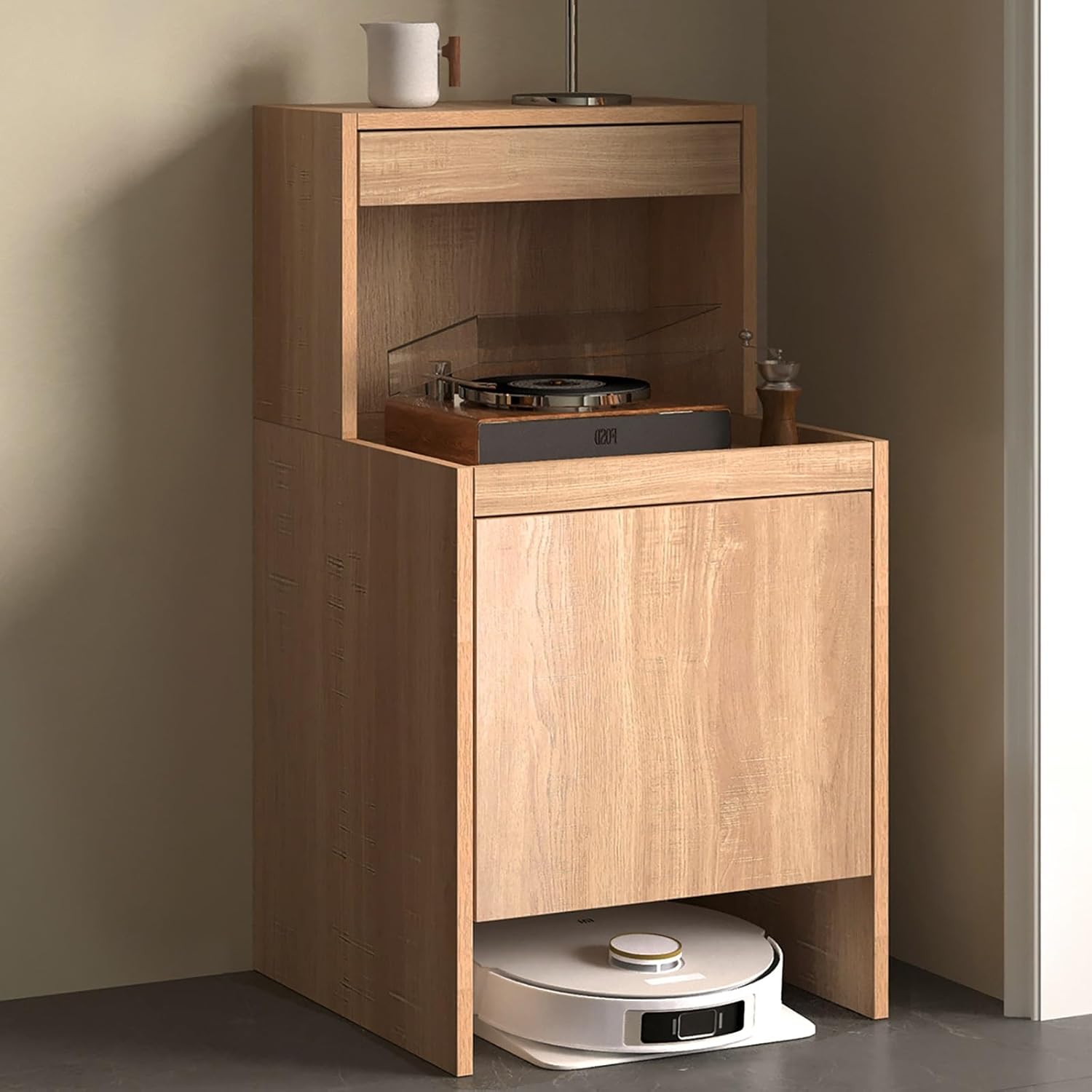 Robot Vacuum Hidden Cabinet with Doors and Drawers, Sweeping Robot Storage Organizer for Living Room, Bedroom, Kitchen, Solid Wood Structure, Easy Water Changing(Yellow)