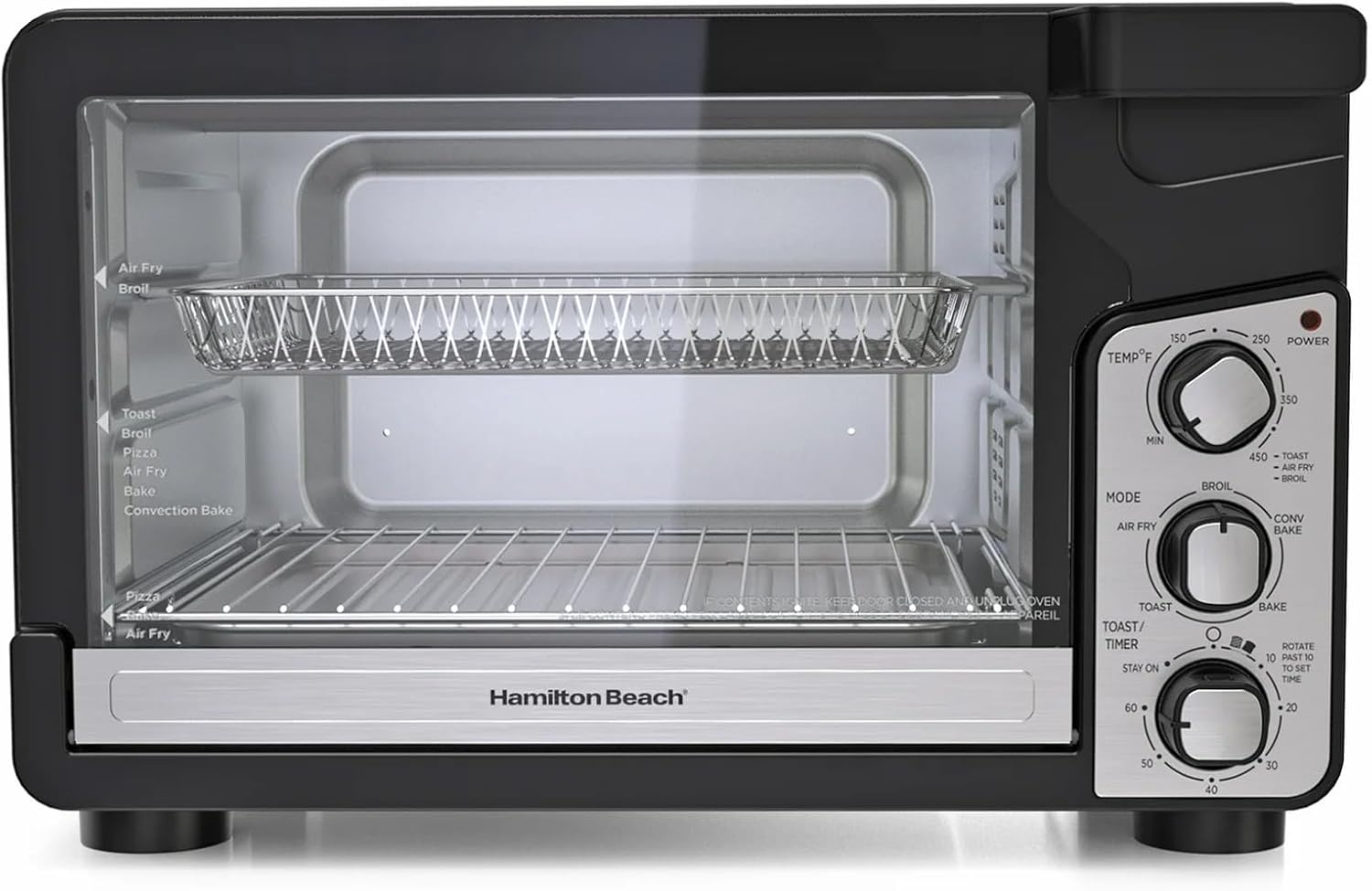 Hamilton-Beach Easy View XL Toaster Oven with Sure-Crisp® Air Fry, 1750W, 6-Slice Capacity, 12” Pizza Fit, 5 Cooking Modes, Extra-Large Window, Timer & Temp Control Dial, Air Fry Basket Included