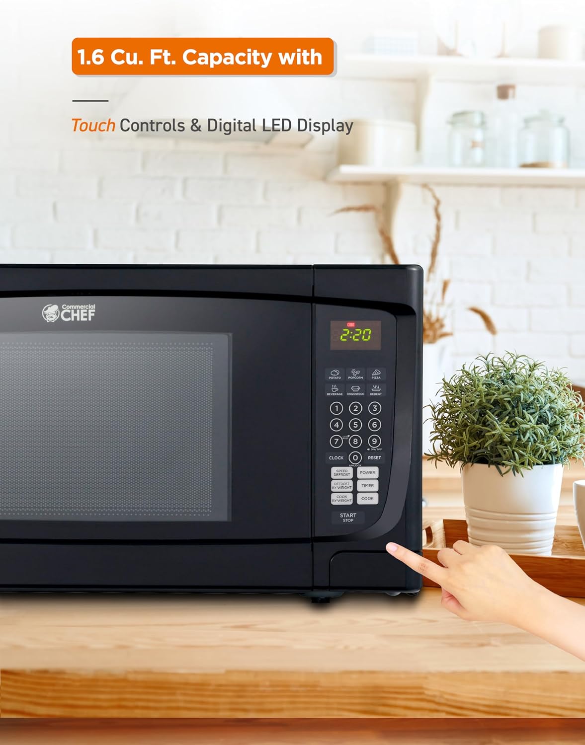 COMMERCIAL CHEF 1.6 Cubic Foot Microwave with 10 Power Levels, Small Microwave with Push Button, 1000 Watt Microwave with Digital Control Panels, Countertop Microwave with Timer, Black