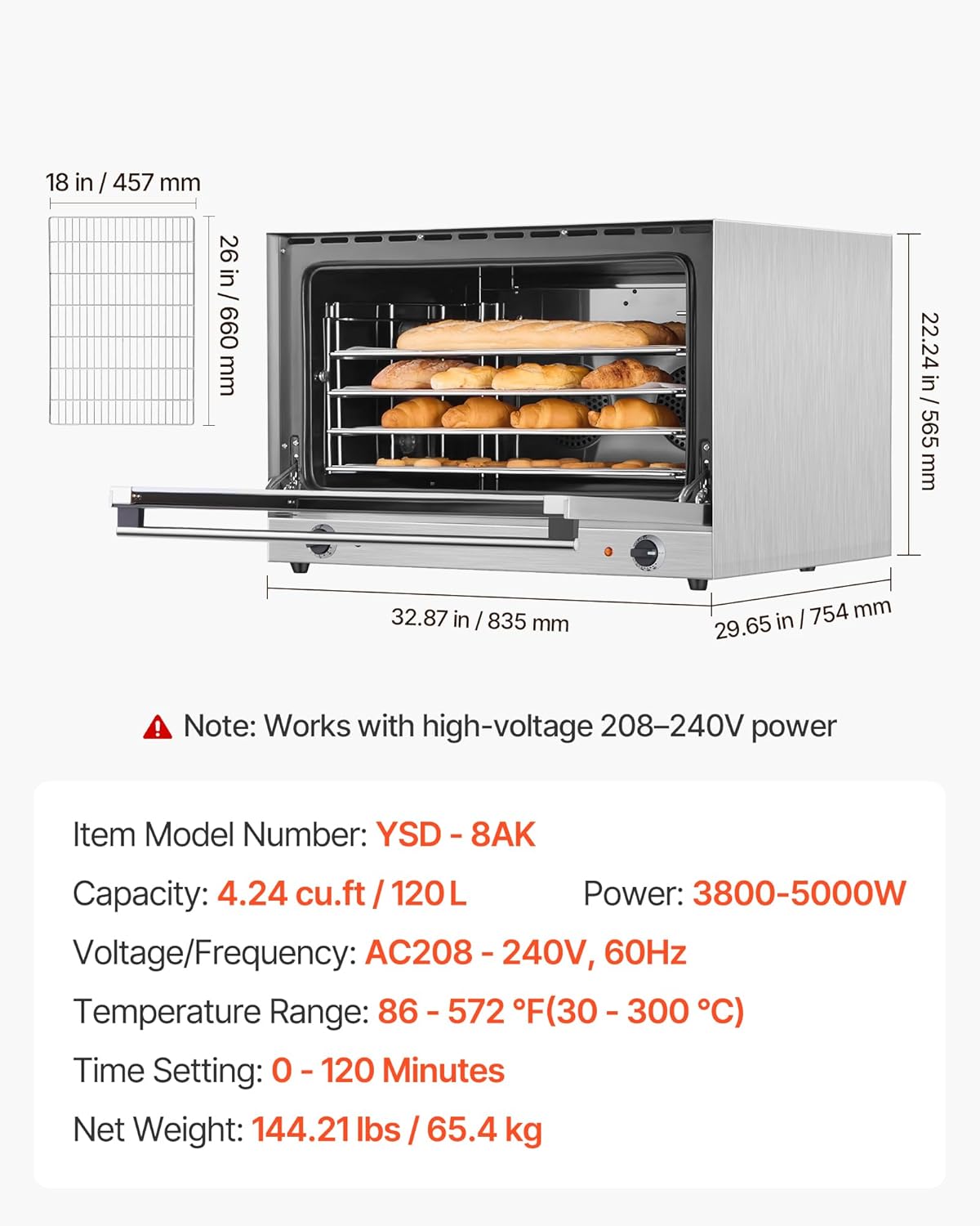 VEVOR Commercial Convection Oven, 4.24 cu.ft Countertop Oven for Full-Size Pans, Electric Convection Ovens with 4 Racks, 360° Hot Air Circulation, for Bakery, Restaurant & Pizza Shop (208-240V 5000W)