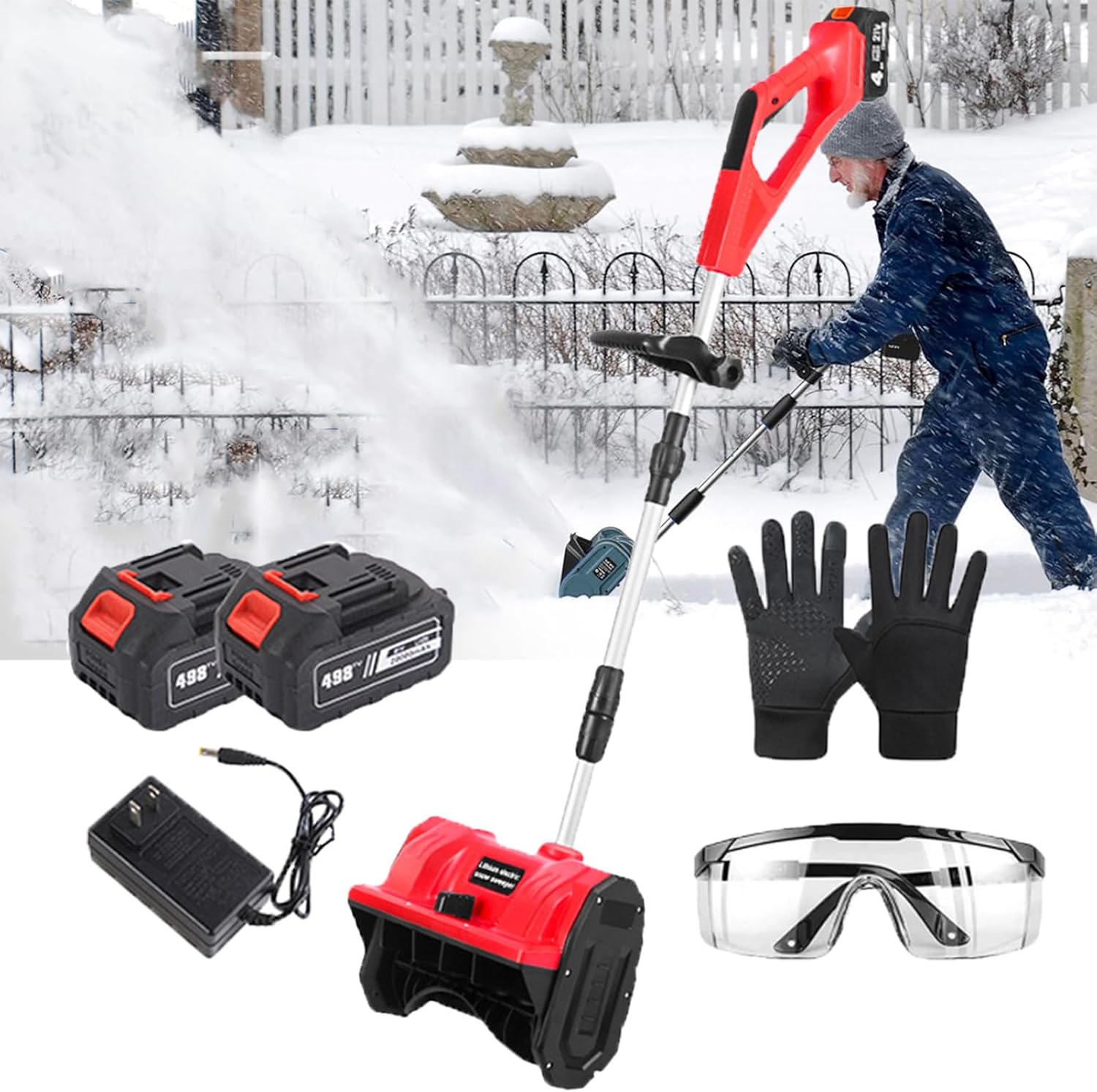 Lightweight Folding Snow Blower, Cordless Electric Snow Shovel with Adjustable Front Handle & Directional Plate, Snow Thrower for Courtyard, Street, Garage,Red-2Batteries