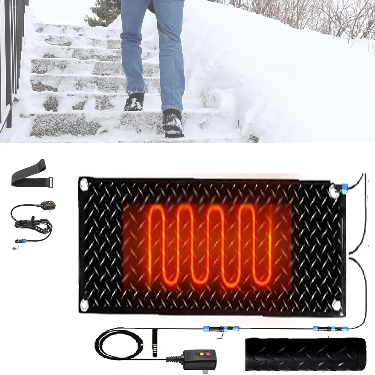Heated Snow Melting Mats, Outdoor Stair Heated Driveway Mats, Outdoor Snow and Ice Melting Mats with 9.8 ft Power Cord, Suitable for Stair Steps, Doorways, Sidewalks and Driveways(1 Pcs,30x90cm/12x36i