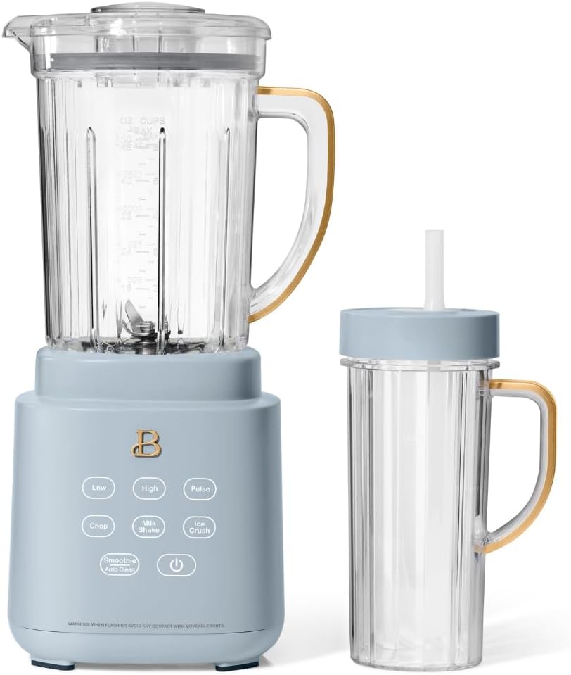 Beautiful PowerExact Blender System, 700W, Touch Display, PrecisionSense Tech, 50oz Tritan Jar + 20oz To-Go Cup, 4 Presets, Ice Crush, Smoothie, Dishwasher Safe, Gold Accents, Cornflower blue
