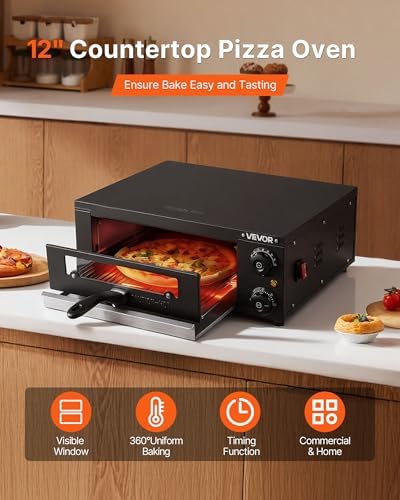 VEVOR Electric Pizza Oven, 12 in Countertop Pizza Oven, 77 to 572°F Temp Range, 1450W Indoor Pizzas Maker w/Timing & Temp Control, Pizzas Cooker w/Dual Heat Tube, Grill Rack, for Kitchen & Commercial