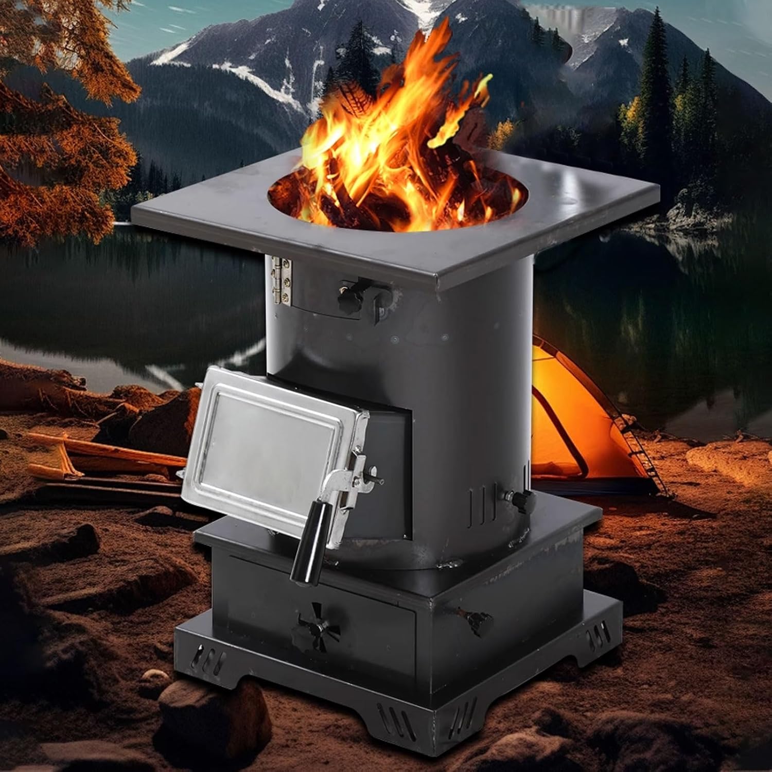 Camping Cookware Wood Burning Stove 10mm Cast Iron Furnace Includes Ashs-shoveling Handle and Ashs-cleaning Drawer 360-degree Heating Cast Iron Stove