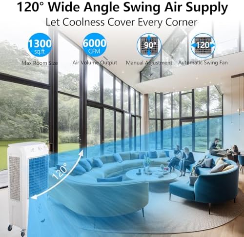 6000 CFM Swamp Cooler, 15.8 Gallon Evaporative Air Cooler with 120°Oscillation and 3 Speeds, 3-In-1 Swamp Cooler Air Conditioner, Portable Air Cooler Fan for Indoor Outdoor Patio Garage Large Rooms