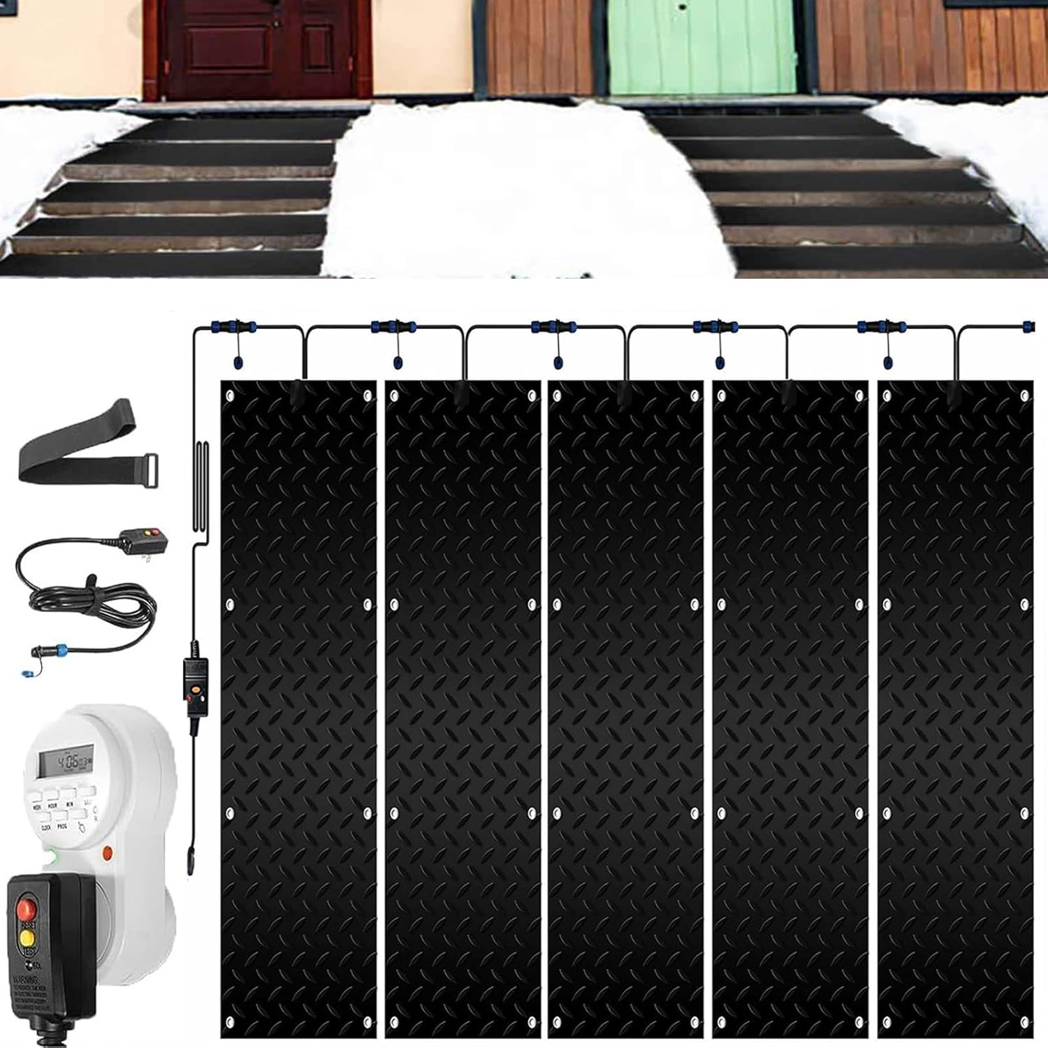 Heated Snow Melting Mats with Timer, 1/2/3/4/5 Pcs Outdoor Heated Driveway Mats Snow and Ice Melting Pad with Power Cord for Winter Stairs, Steps,doorway, Sidewalk, Garages, Decks(5 Pcs,10x48i
