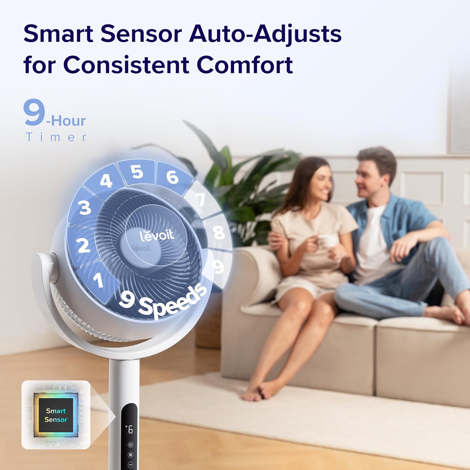 Levoit Standing Fan for Bedroom, CirculAir 120° Oscillating, Quiet 20dB, 9 Speeds, 4 Modes, DC Motor, 2 in 1 Pedestal & Tabletop, 82ft, Remote Control, Sensor, 9H Timer, 908CFM Ultra-High Airflow