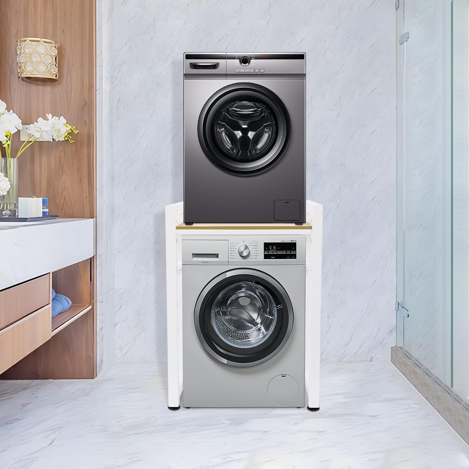 Heavy-Duty Washer Dryer Stacking Rack Stand, 419lbs Capacity Storage Shelf with Height Adjustable Shelf, for Laundry Room, Bathroom, Kitchen to Hold Dryer, Washer, Microwave (White+Light Walnut)