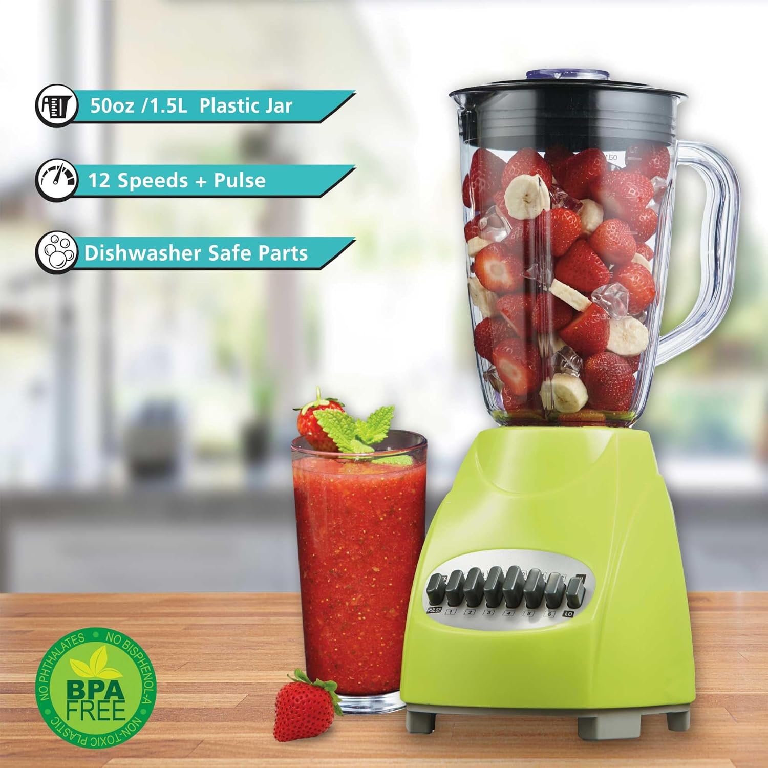 12-Speed Countertop Blender with Pulse Function – 50oz BPA-Free Jar, Stainless Steel Blades, Ice Crusher & Smoothie Maker, 350W Kitchen Blender (Green)