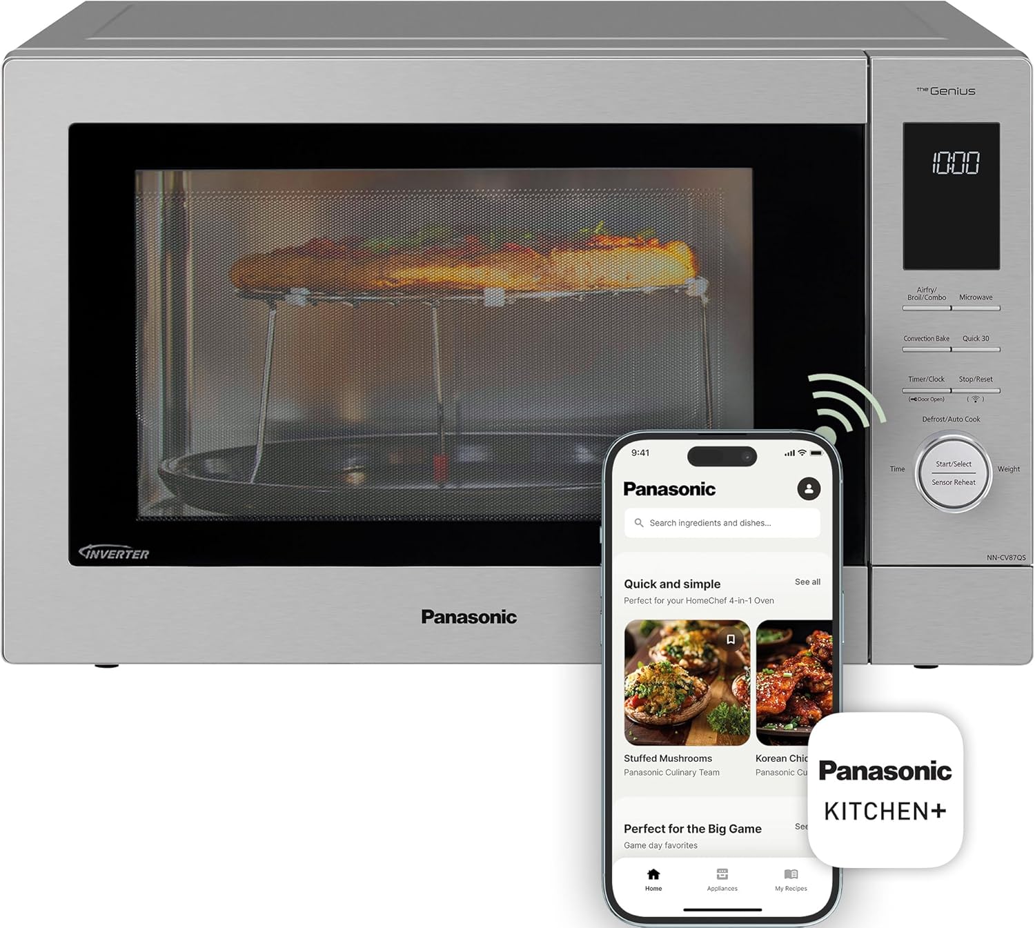 Panasonic HomeChef Connect Microwave Oven, Smart Multi Oven, Connected App for Automated Meal Prep, 4 Cooking Modes, Air Fryer, Convection Bake, FlashXpress Broiler, 1000W, 1.2 cu. Ft. - NN-CV87QS