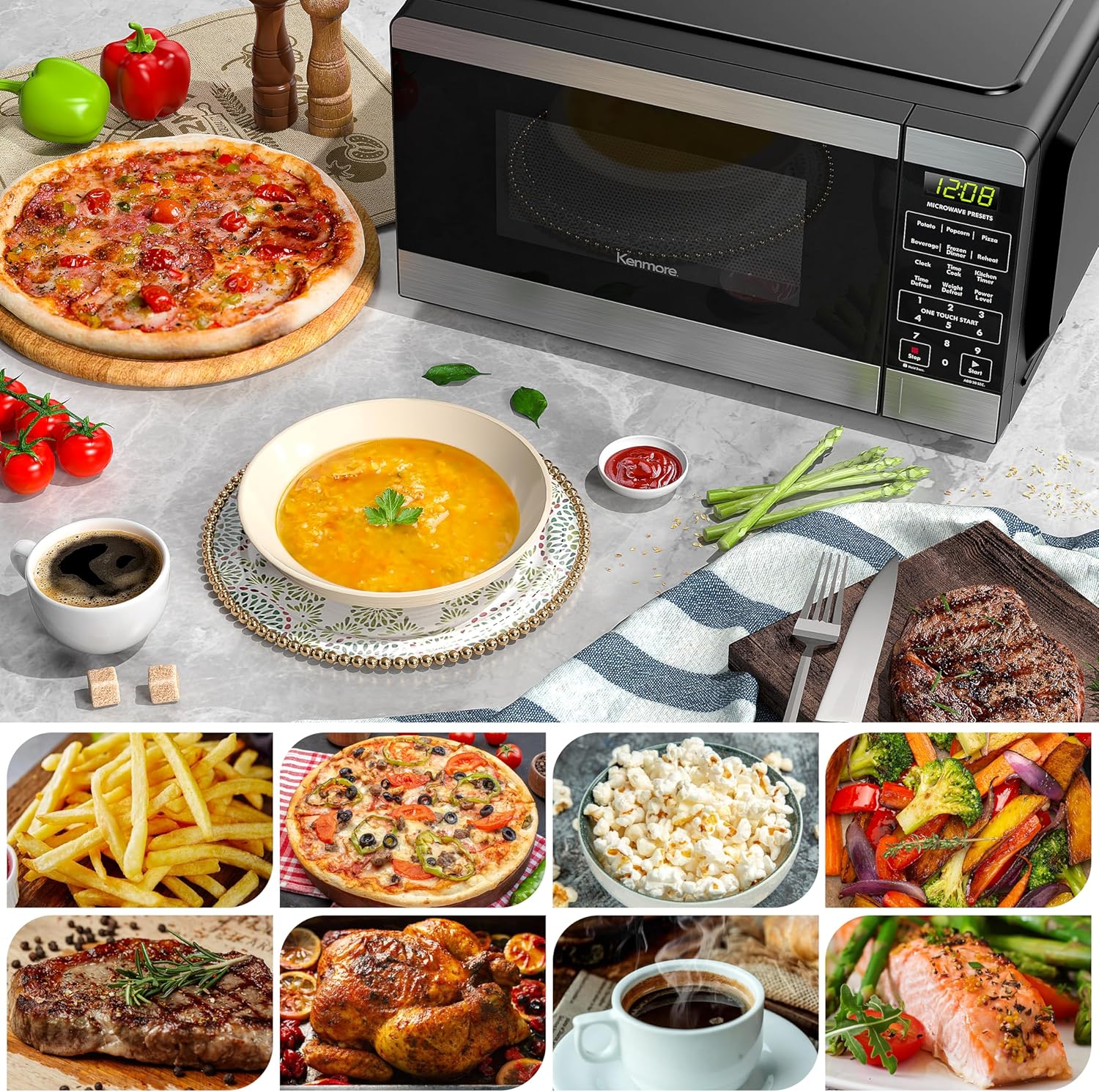 Kenmore Countertop Microwave, 6 Auto-Preset Menus, Child Lock, Defrost & Express Cooking Features, 1.1 Cu Ft, Stainless Steel