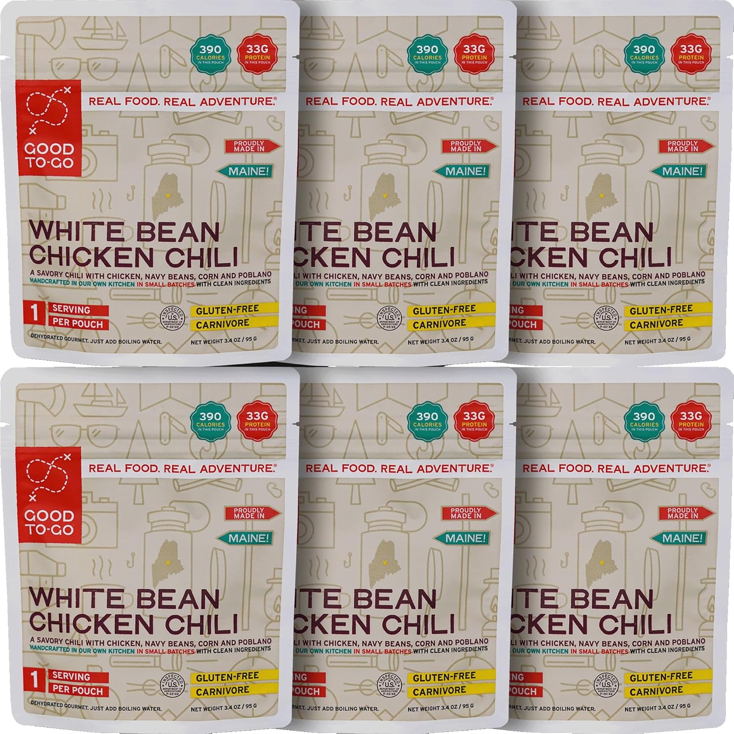 GOOD TO-GO White Bean Chicken Chili (6-Pack of Single Servings) | Camping & Backpacking Food | Just Add Water Backpacking Meals | Good To-Go Dehydrated Meals Taste Better Than Freeze Dried Food