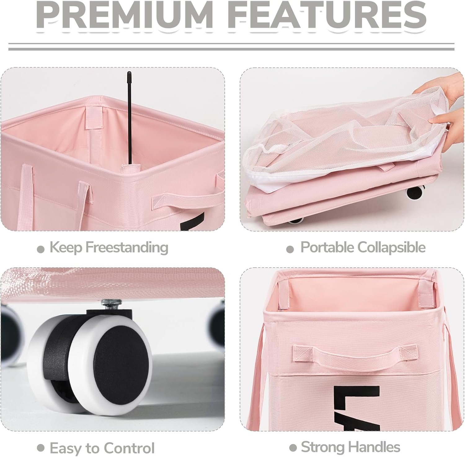 CHICVITA 2-Pack Laundry Hamper with Wheels, 75L Collapsible Laundry Basket with Removable Wash Bags, Pink Laundry Hamper for Corner Dorm, Rolling Laundry Basket on Wheels