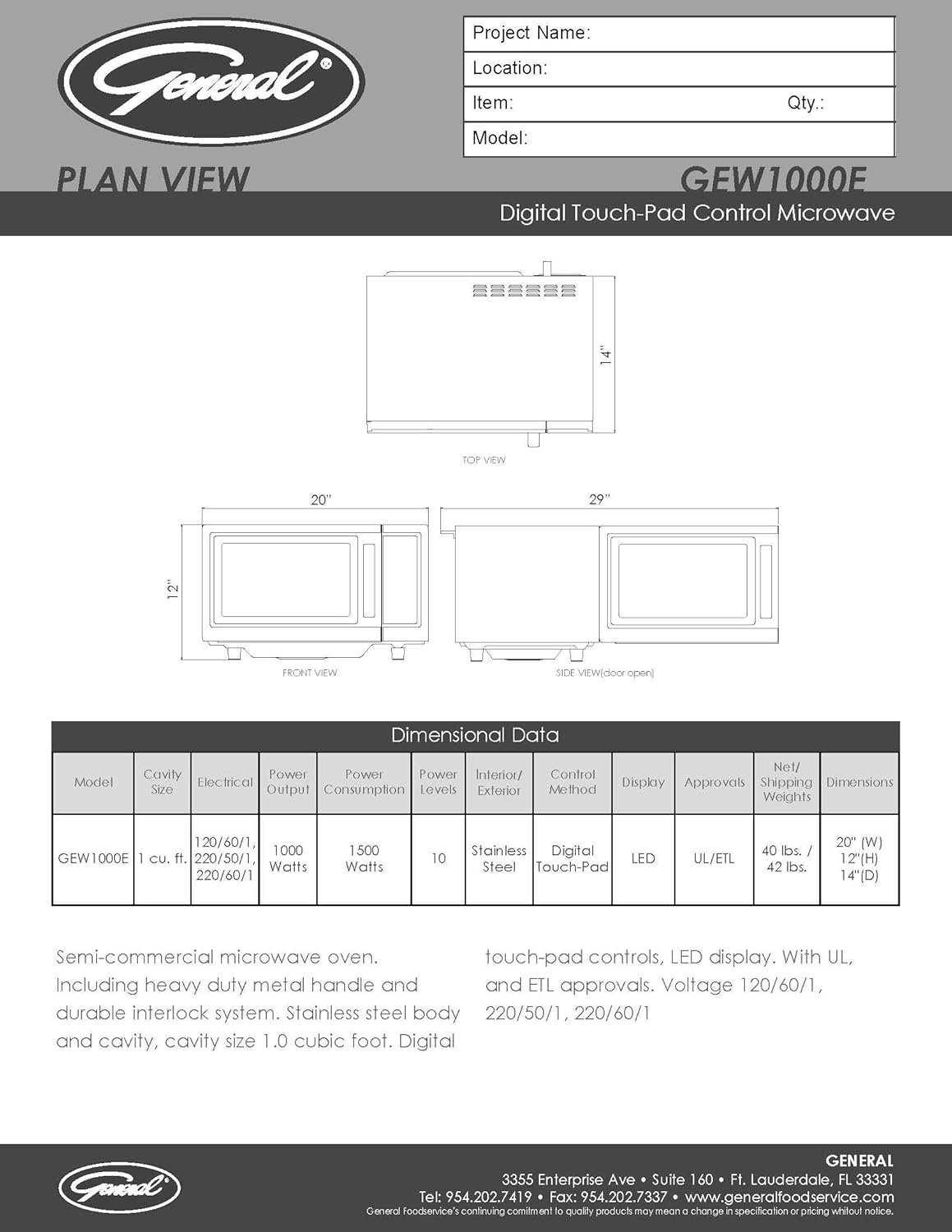 General GEW1000E 1000W Digital Microwave