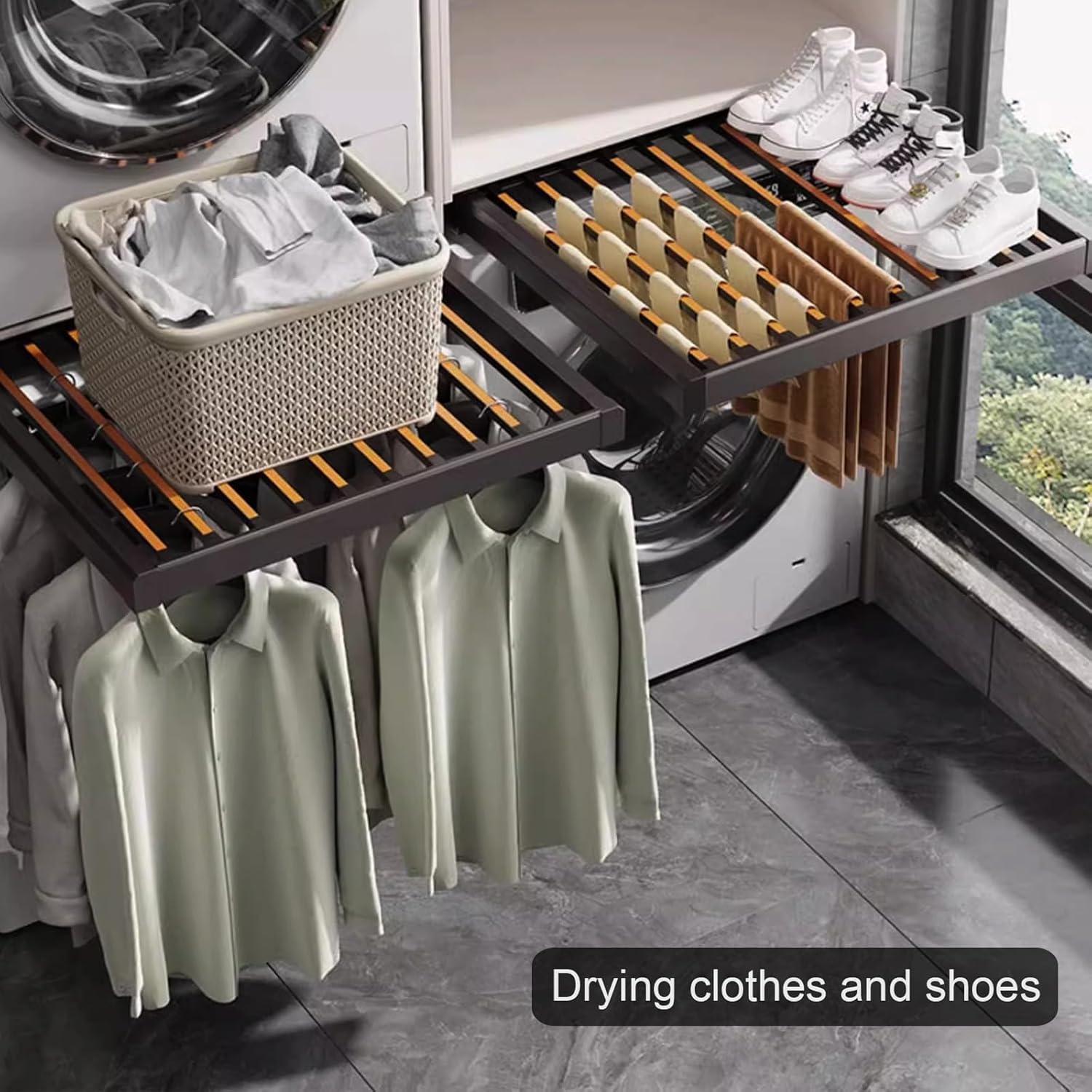 Above Washing Machine Drying Rack Aluminium Alloy Hidden Pull Out Trousers Rack Drawer, Extendable Pants Rack Space Saving Organizer for Wardrobe, Length Adjustable