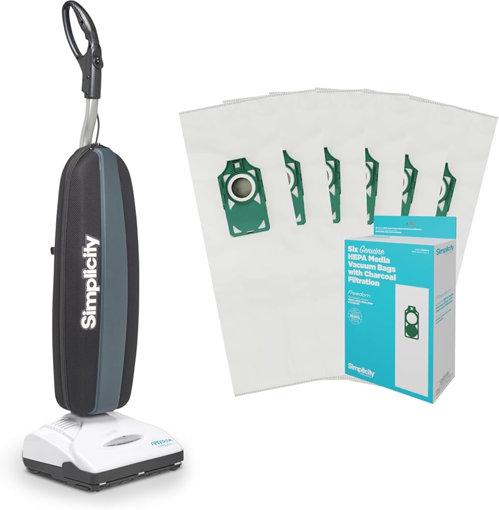 Simplicity Vacuums Freedom Cordless Vacuum Bundle with 6 Extra Bags, Lightweight, Battery Powered, Auto-Adjusting Brushroll for Carpets and Hard Floors, Super Powerful Suction
