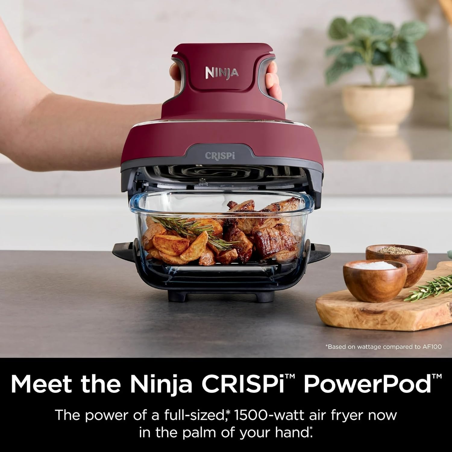 Ninja FN100RD Crispi Air Fryer, Microwave, Freezer & Dishwasher Safe, Non Toxic Glass Portable Cooking System, 4 QT & 5 Cup Glass Containers with Storage Lids, Easy Meals, Cherry (Renewed)