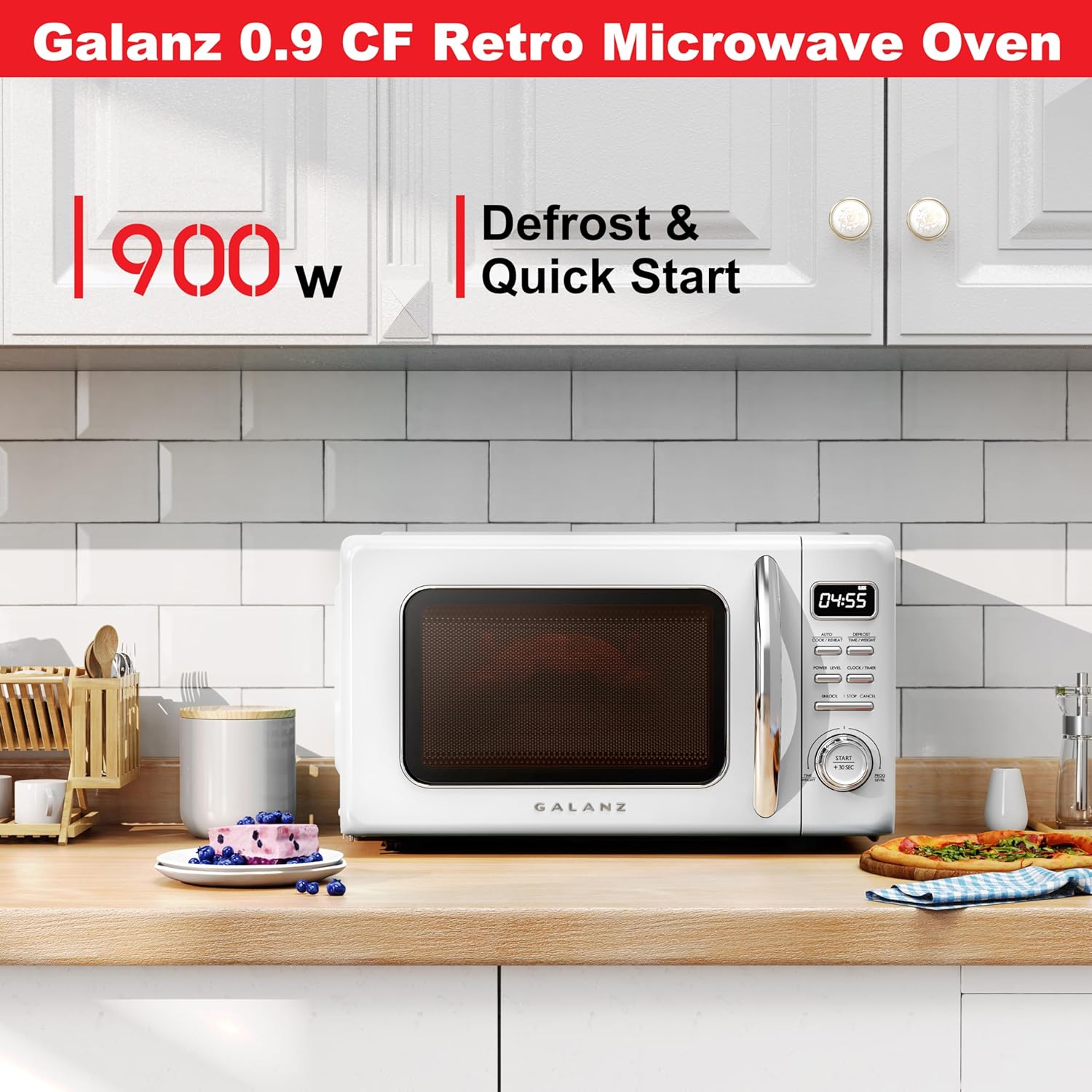 Galanz GLCMKZ09WER09 Retro Countertop Microwave Oven with Auto Cook & Reheat, Defrost, Quick Start Functions, Easy Clean with Glass Turntable, Pull Handle, 0.9 cu ft, White