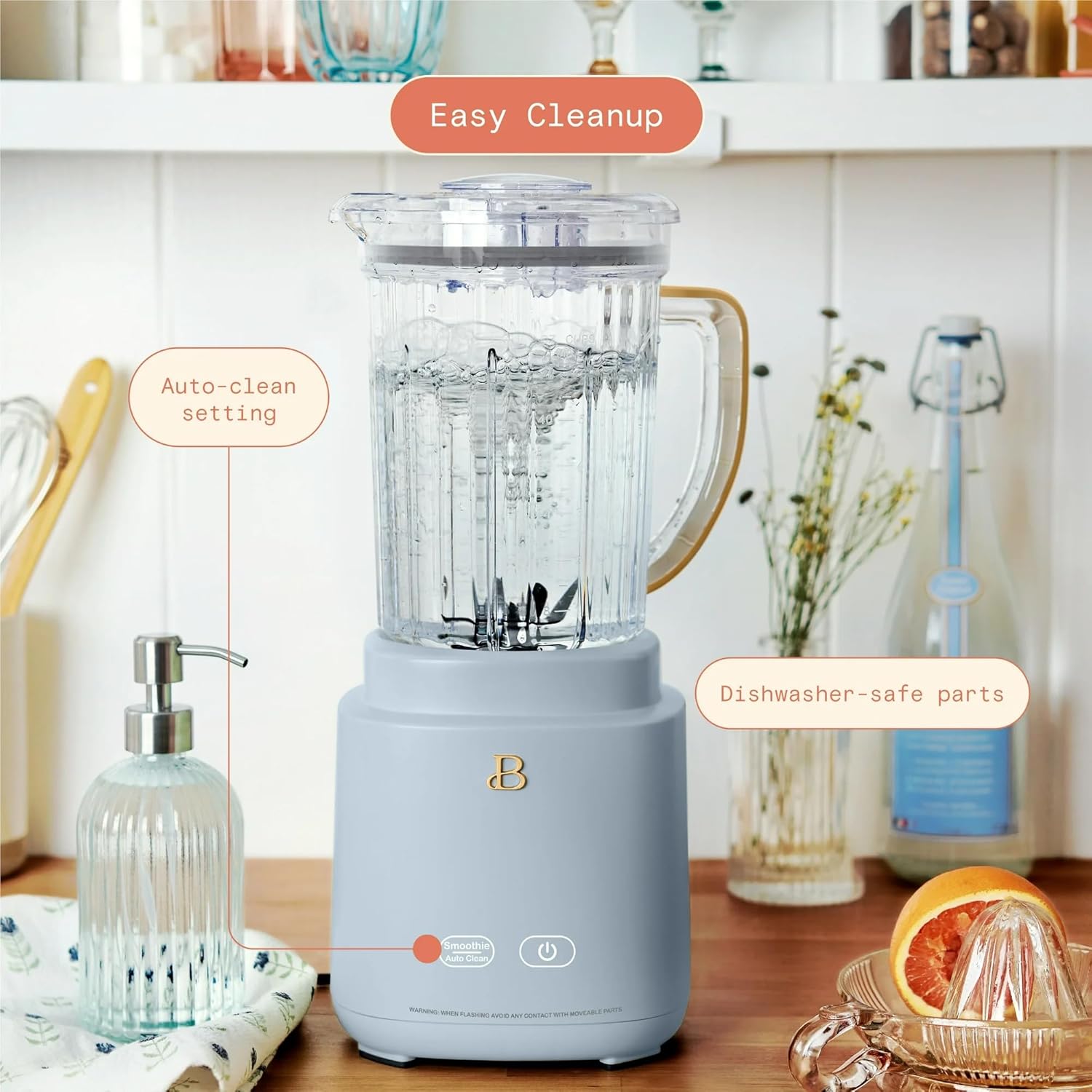 Beautiful PowerExact Blender System with 700W Motor, 50oz Tritan Jar, 20oz Single-Serve Cup, No Drippy Sippy™ Lid, 3 Speeds & 4 Pre-sets by Drew Barrymore (Cornflower Blue)