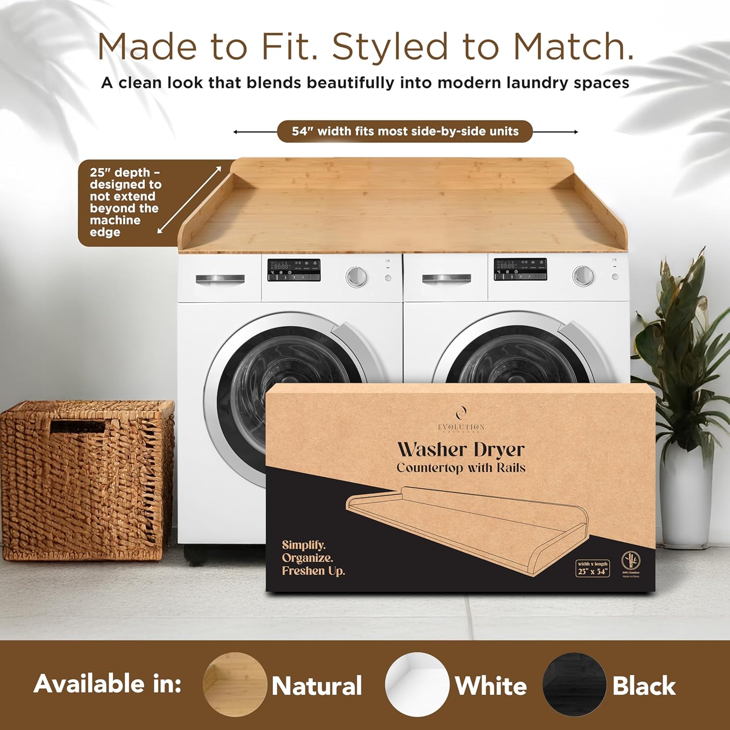 Solid Bamboo Washer Dryer Countertop, Laundry Wood Shelf Topper with Non-Slip Pads, Edge Rails and High Back Rail for Laundry Room Storage & Organization, Washer Dryer Counter Storage, 25