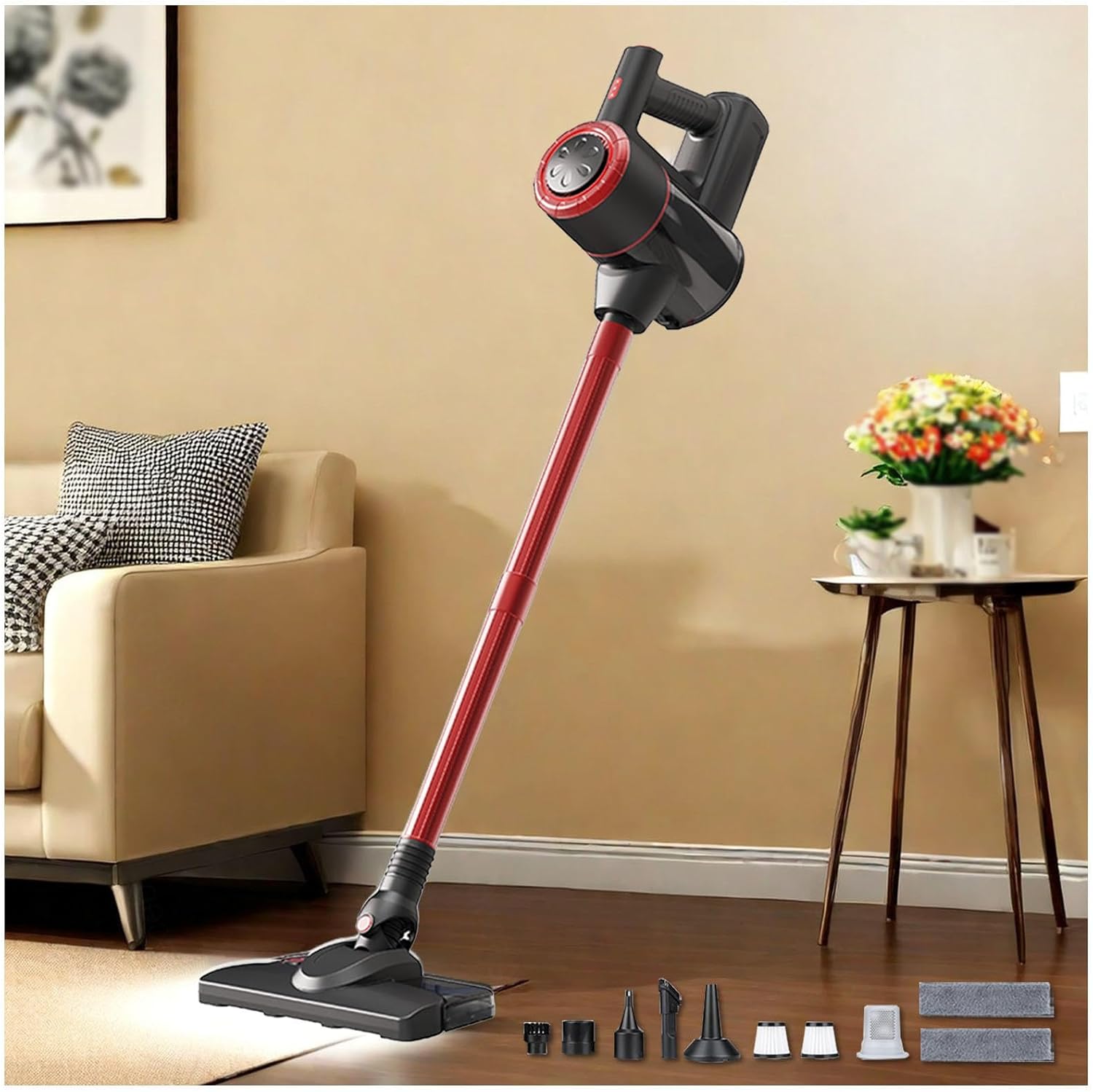 Lightweight Cordless Wet Dry Vacuum Cleaner Cordless 5 in 1, 18Kpa, 8000mah Battery, Hard Floor Cleaner Machine Self-Standing Vacuum for Pet Hair for Home Carpet Floor Pet Hair,Red
