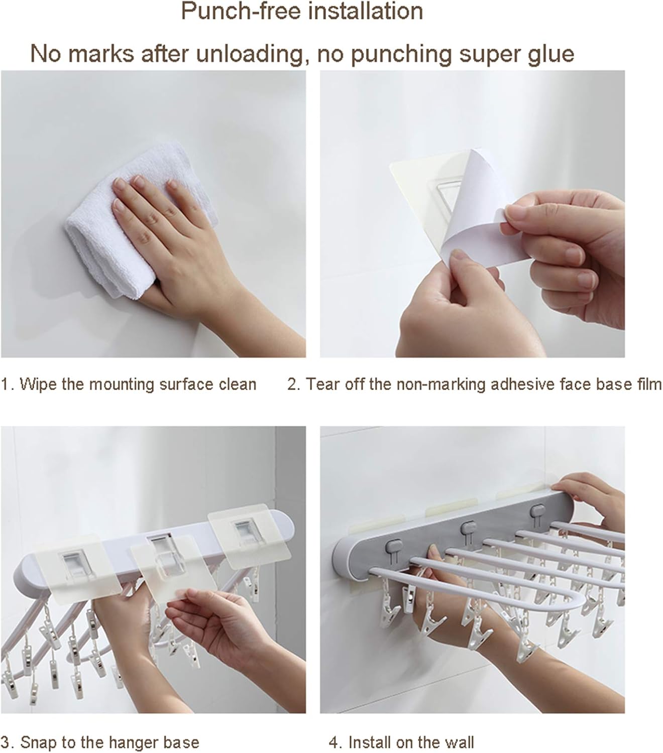 Laundry Rack, Multifunction Wall-Mounted Airer, Home Drying Rack Socks with Multiple Clips Fold Balcony Bathroom Inner Clothes Hanger Artifact