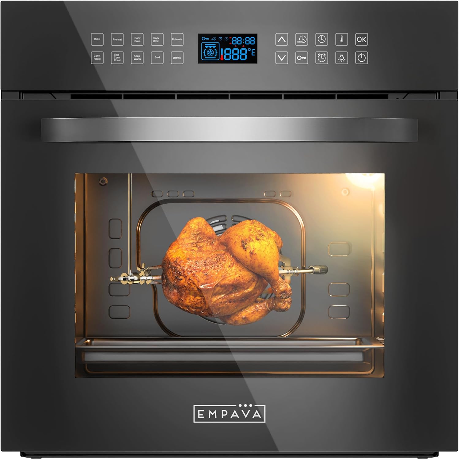 Empava 24 Inch Electric Single Wall Oven with 10 Cooking Modes, Convection Fan and Rotisserie, Screen Touch Control, Black Glass Door