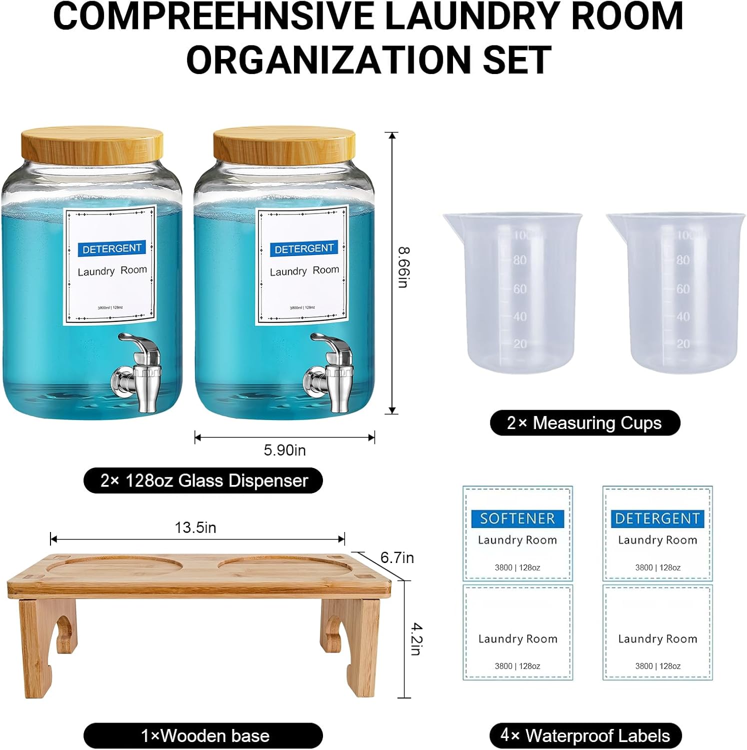 Laundry Detergent Dispenser,with Bamboo Stand 2 Sets 1 Gallon Glass Liquid Laundry Detergent Dispenser,for Bleach, Fabric Softener,Laundry Soap Dispenser,for Laundry Room Organization and Storage