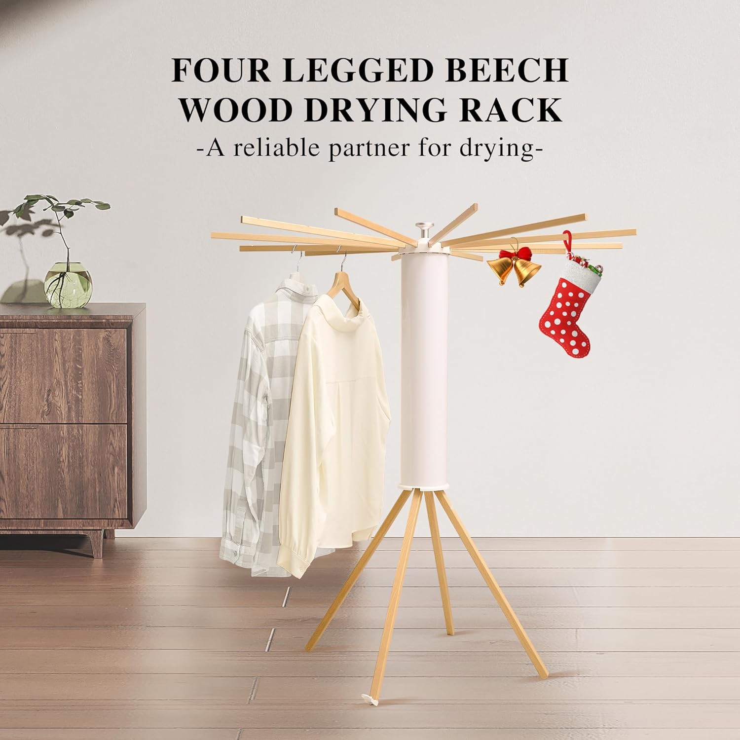 LEQ Clothes Drying Rack Portable,Foldable Drying Rack Clothing with 12 Wood Drying Arms, Standing Laundry Hanger Rack Round Collapsible & Portable Dryer Handle for Laundry Room, Balcony, Bedroom, RV