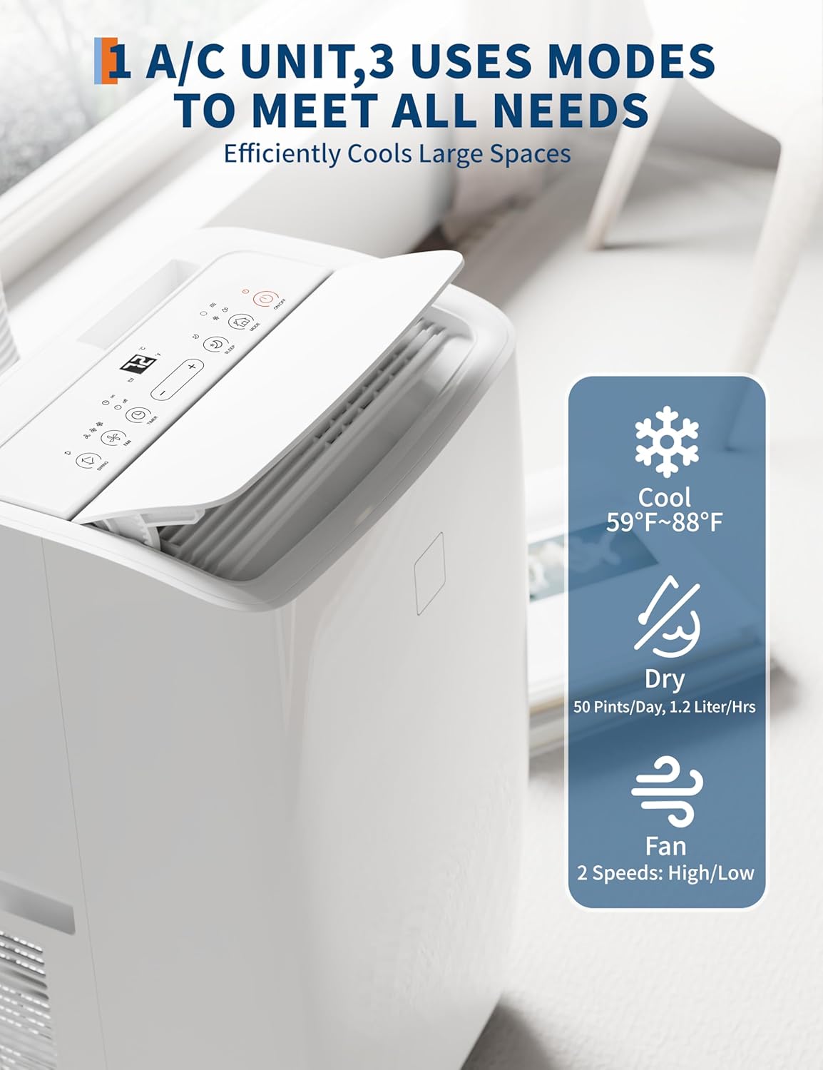 12000 BTU Portable Air Conditioner for Large Rooms Up to 550 Sq.Ft – Quiet Operation, Remote Control, 24H Timer, with Fan & Dehumidifier – Ideal for Bedrooms & Apartments