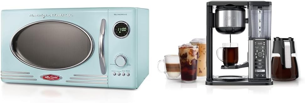 Nostalgia Retro Countertop Microwave Oven - Large 800-Watt - 0.9 cu ft & Ninja CM401 Specialty 10-Cup Coffee Maker with 4 Brew Styles for Ground Coffee, Built-in Water Reservoir