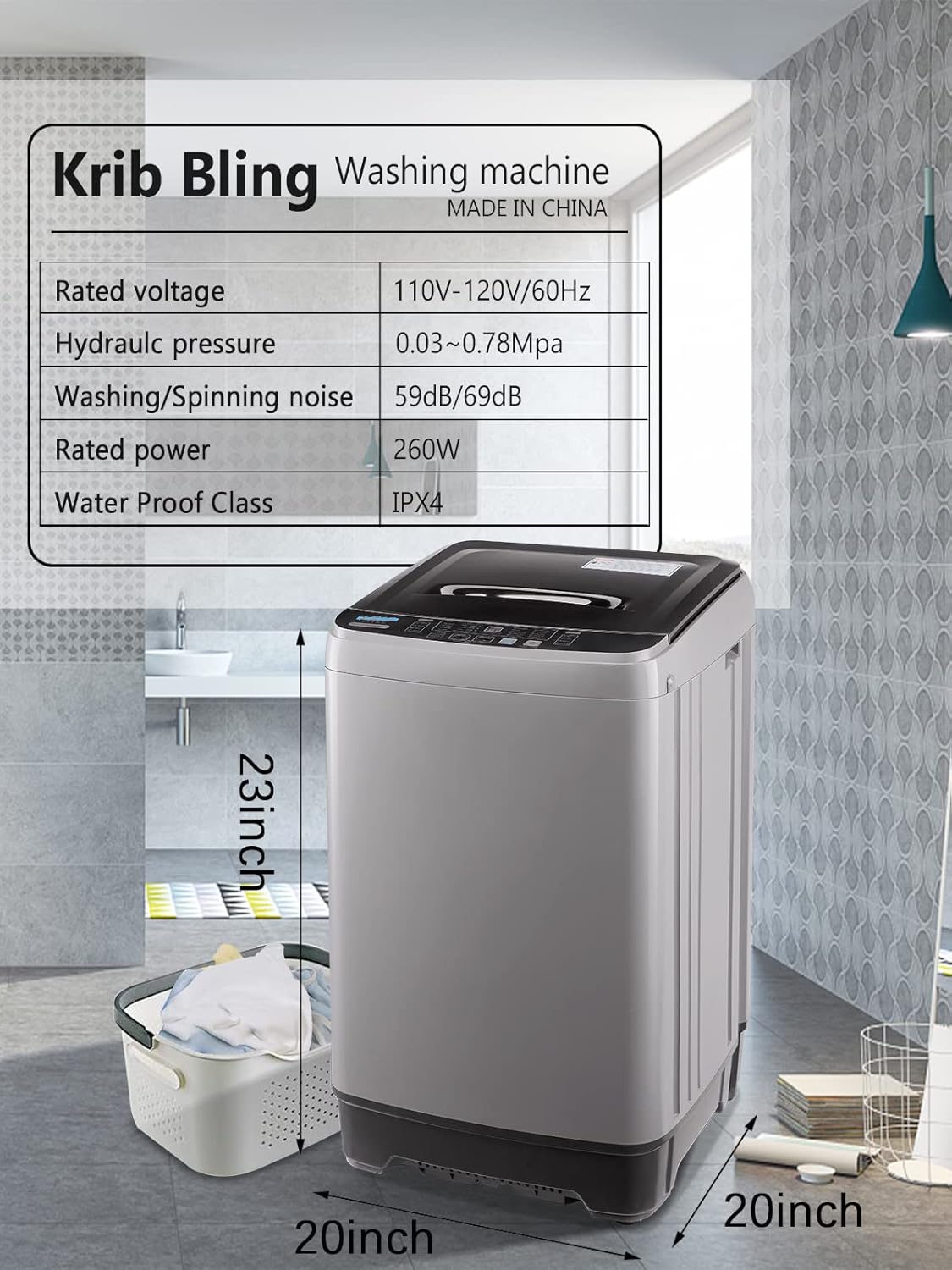 17.7 lbs Full Automatic Washer with Drain Pump, KRIB BLING Washing Machine with LED Display, 10 Washing Programs & 8 Water Levels Selections, Ideal for Camping, Apartment, Dorm, Grey