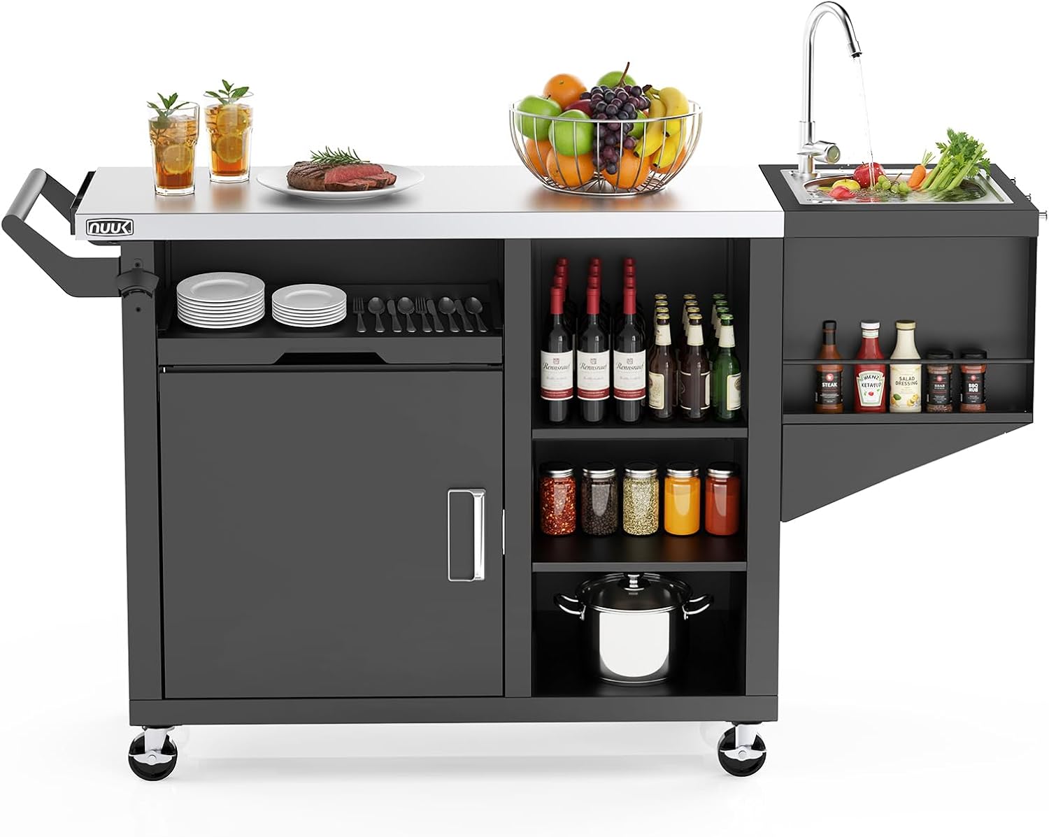 NUUK Grill Cart with Sink and Storage Cabinet Outdoor Kitchen Island Prep Table with Stainless Steel Top