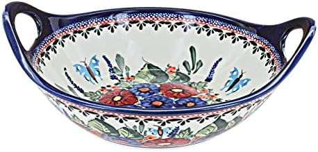 Blue Rose Polish Pottery - Red Floral Butterfly Small Bowl with Handles - 8.5
