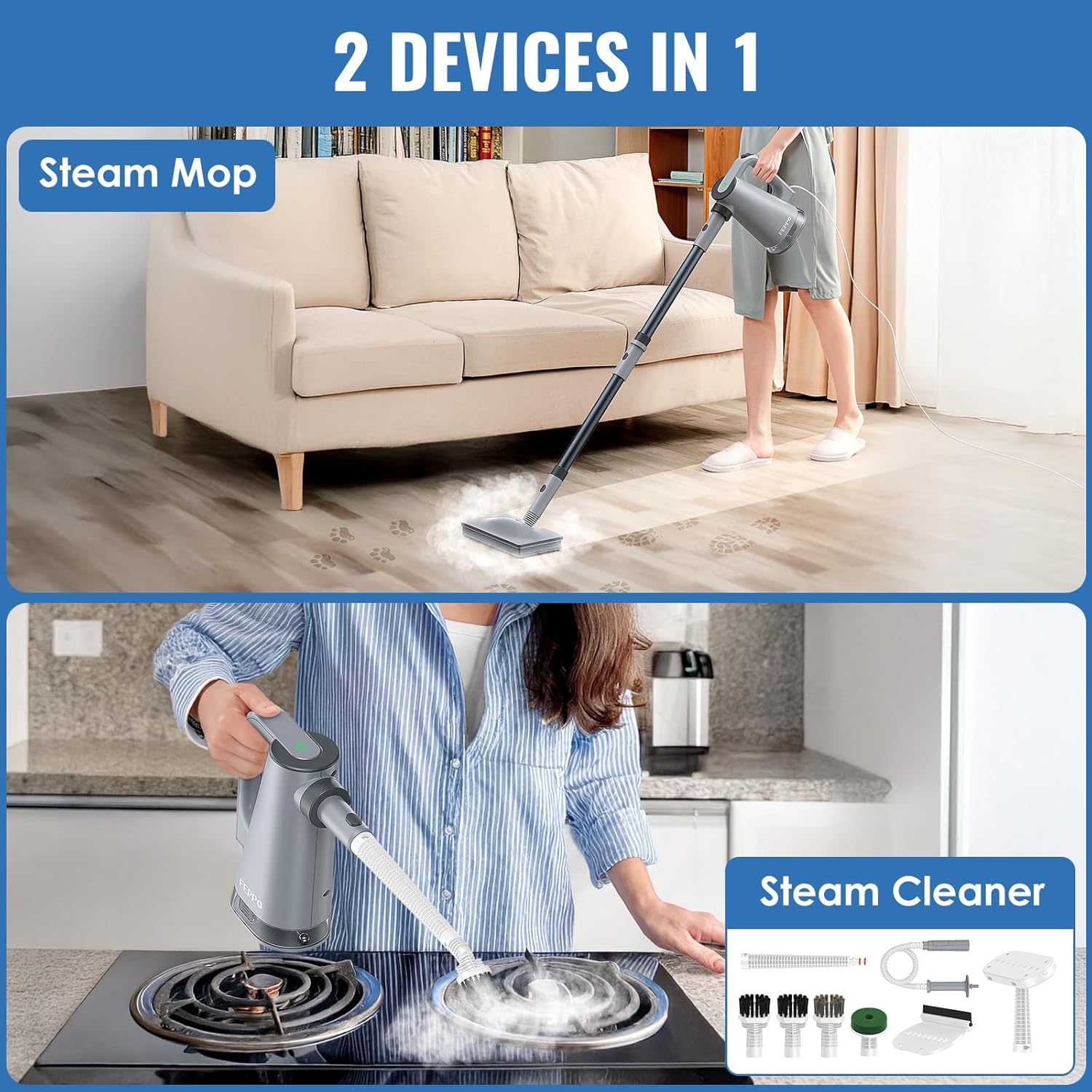 FEPPO 2-in-1 Steam Mop & Handheld Cleaner Bundle with 10-in-1 Accessories & 6 Washable Pads (Includes 4 Extra Pads) - 1300W Powerful Steamer for Floors, Hardwood, Tile, Grout, Windows, Kitchen, Bath