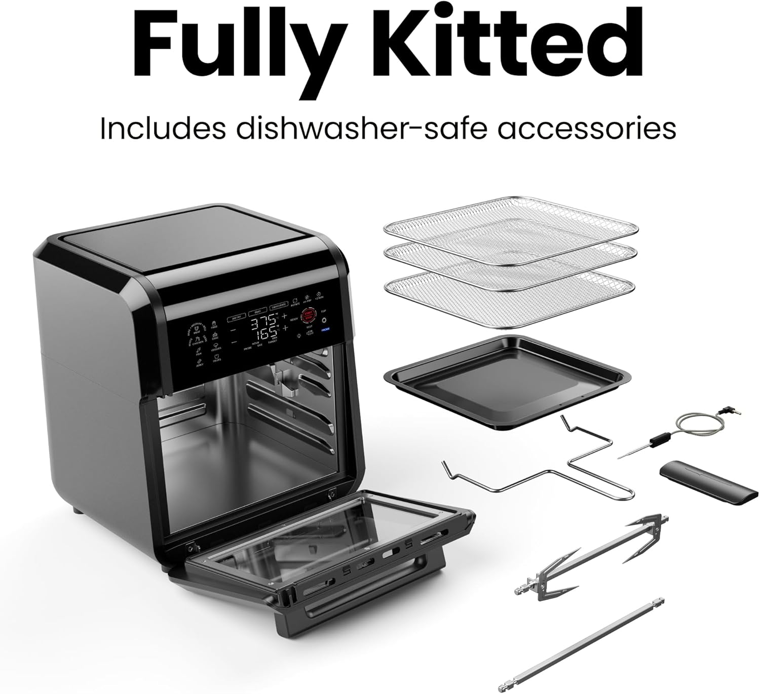 CHEFMAN ExacTemp™ 12 Quart 5-in-1 Air Fryer with Integrated Smart Cooking Thermometer, 28 Touchscreen Presets, Rotisserie, Dehydrator, Bake, XL Convection Oven with Auto Shutoff, Black