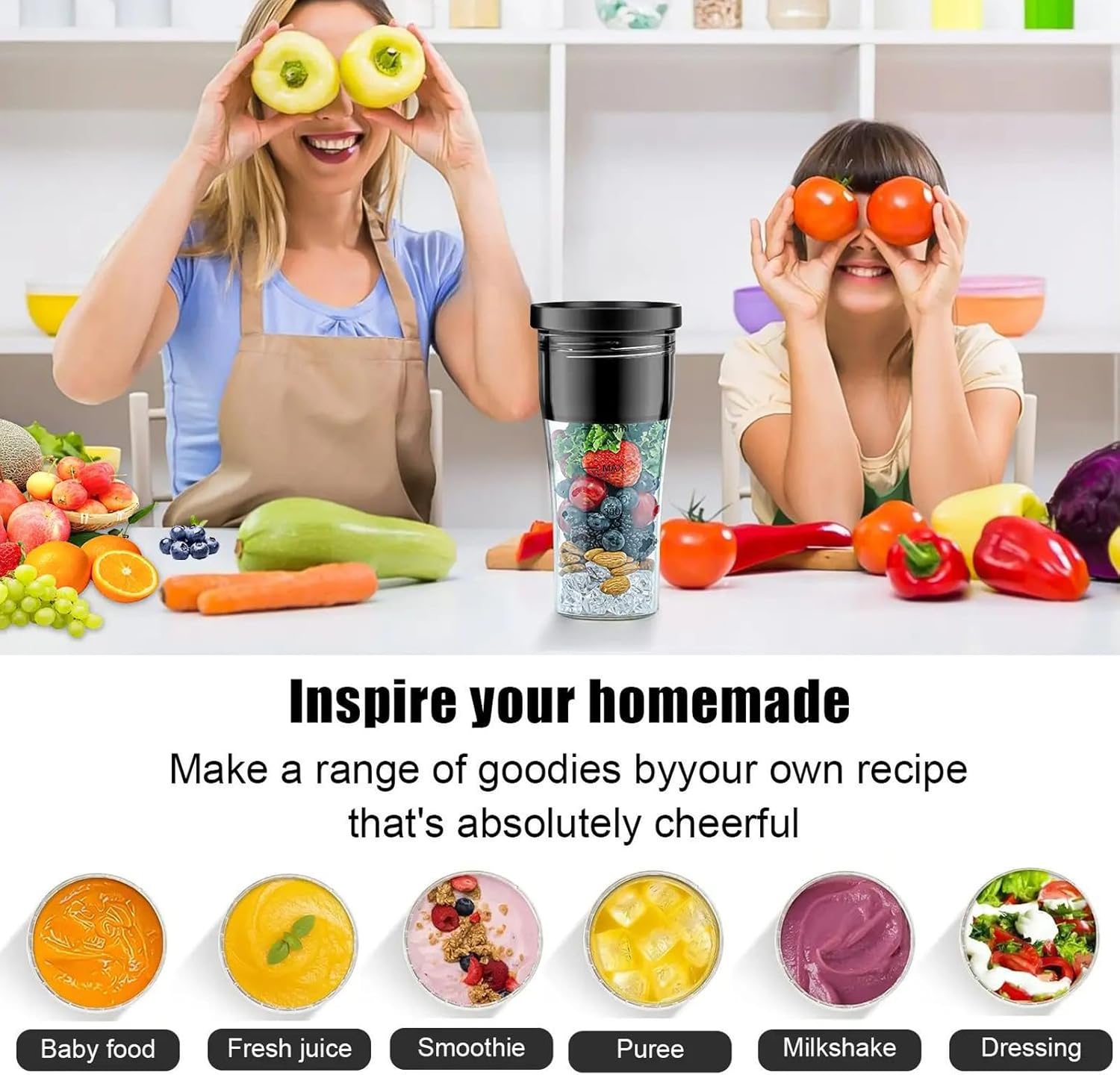 Portable Mini Blender, 600ml Shakes Blender 20oz USB Rechargeable IPX8 Double Gear 6 Blades 18000rpm 4000mAh with Cleaning Brush Blender Cup for Shakes Juice