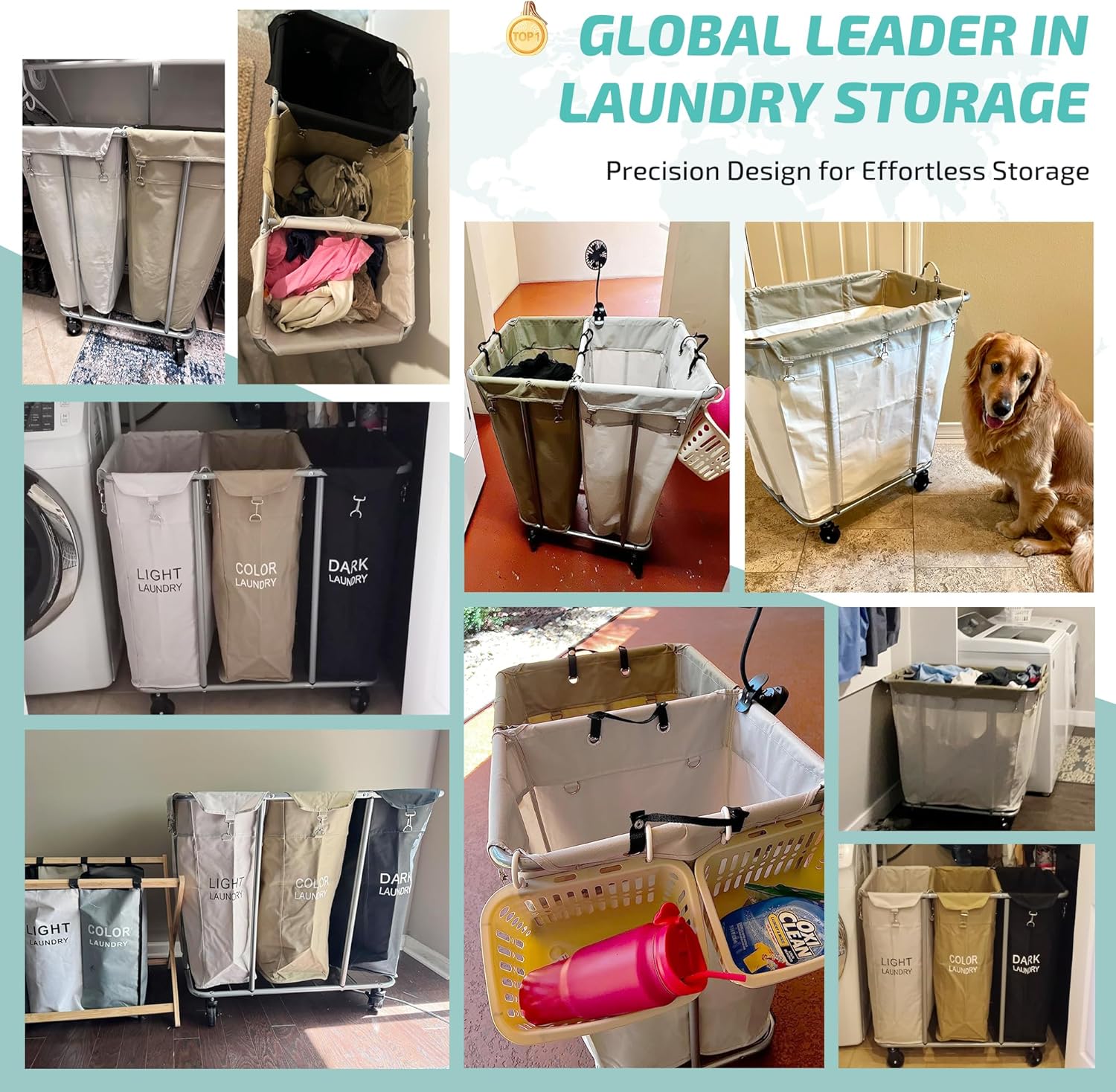 PLKOW Laundry Cart with Wheels 280L Large Laundry Sorter 2 Section for Commercial/Home, Rolling Laundry Cart with Steel Frame and Removable Bag, 8 Bushel, 32.3L x 19.7W x 31.5H Inch