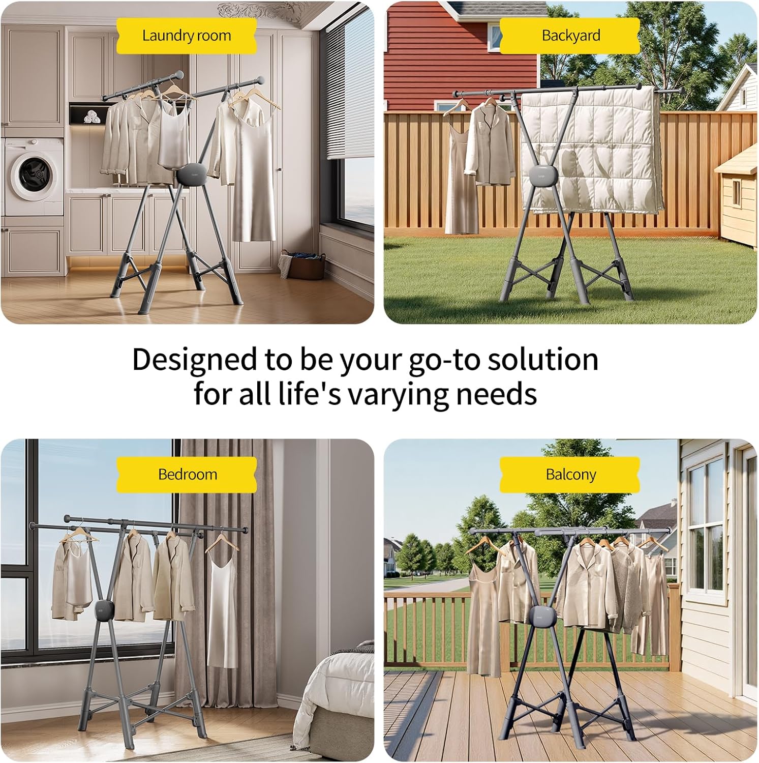 BIREN Clothes Drying Rack Heavy Duty Clothing Racks Extending Laundry Rack Two Drying Modes Garment Racks for Drying Clothes, Adjustable Length from 32-55 Inches for Indoor Outdoor Use
