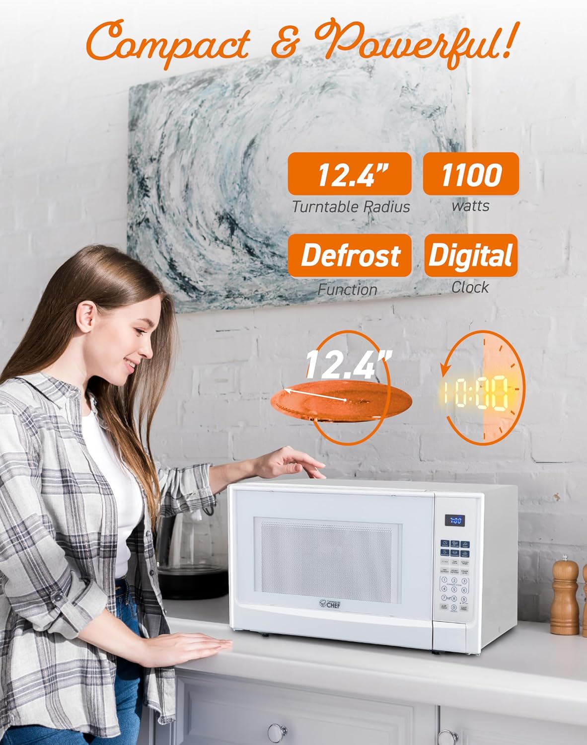 COMMERCIAL CHEF 1.4 Cubic Foot Microwave with 10 Power Levels, Small Microwave with Push Button, 1100 Watt Microwave with Digital Control Panels, Countertop Microwave with Timer, White