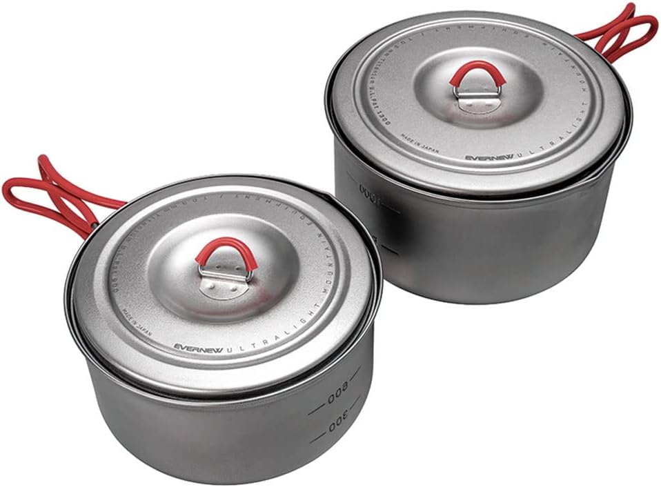 Evernew Titanium Lightweight Camping Pot w/Folding Handle Set, 900 & 1300