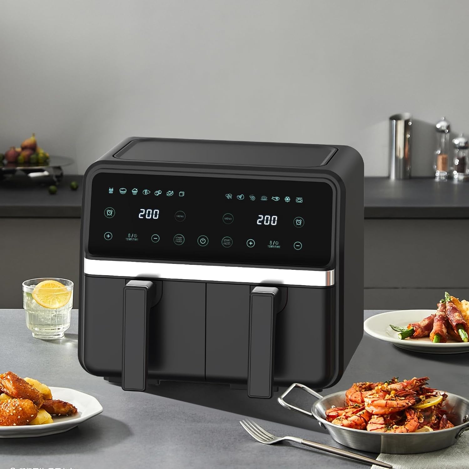 8 Quart Dual Basket Air Fryer - Digital Touchscreen, Smart Sync Finish,Auto Shutoff, 2 Independent 4QT Nonstick Dishwasher-Safe Frying Baskets - Digital Double Air Fryer