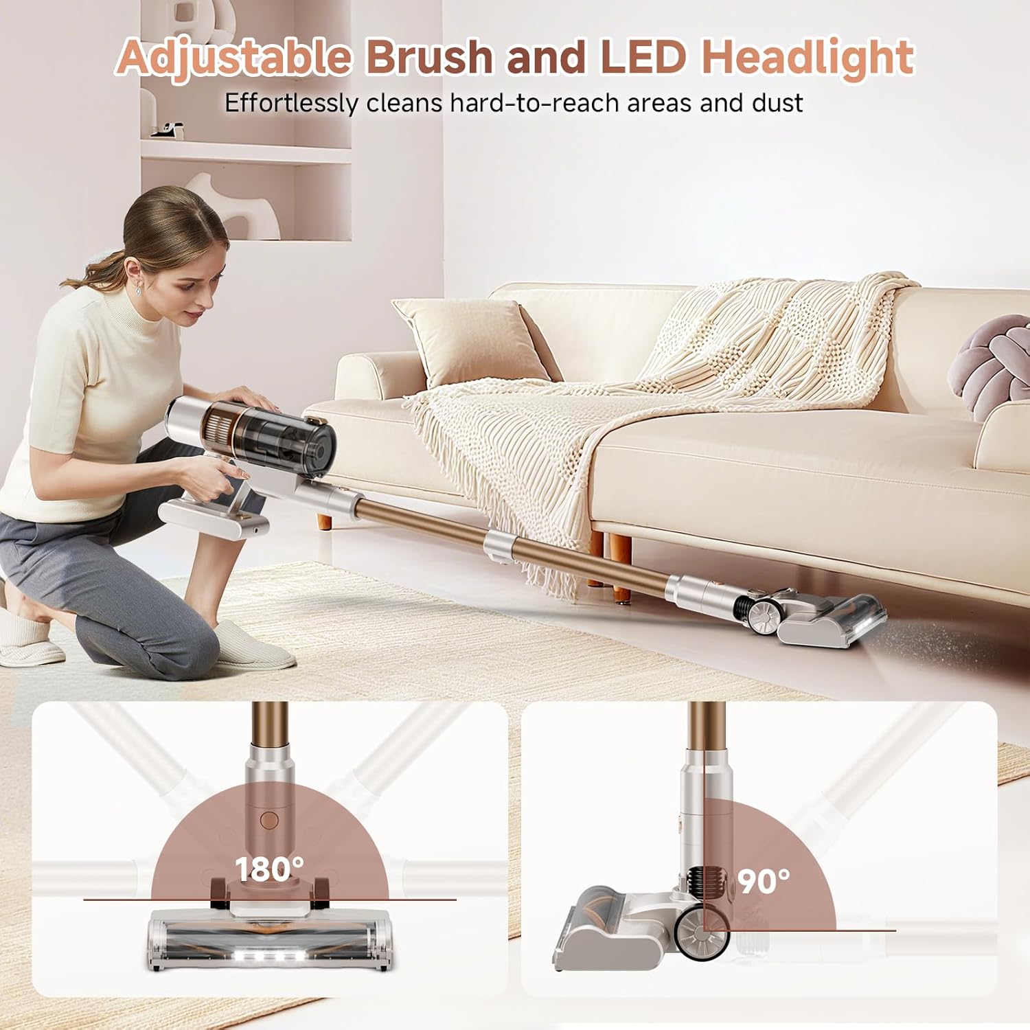 Cordless Vacuum Cleaner, 550W/45KPA Powerful Suction Cordless Stick Vacuum Cleaners for Home, Anti-Tangle Brush, Lightweight, 6-IN-1 Rechargeable Vacuum for Pet Hair/Carpet/Hard Floor(Off-White)